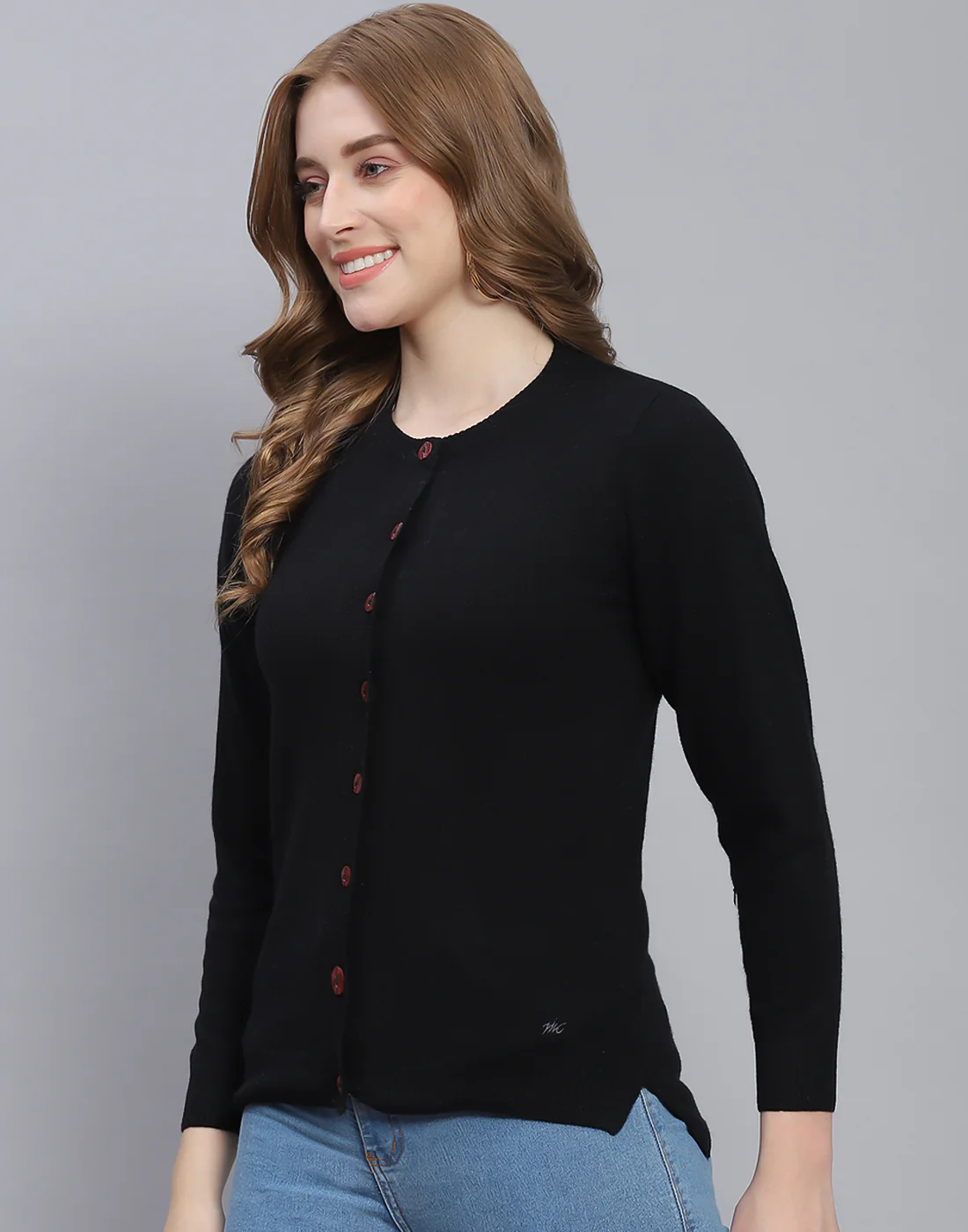 Women Black Solid Round Neck Full Sleeve Cardigan - Image 3