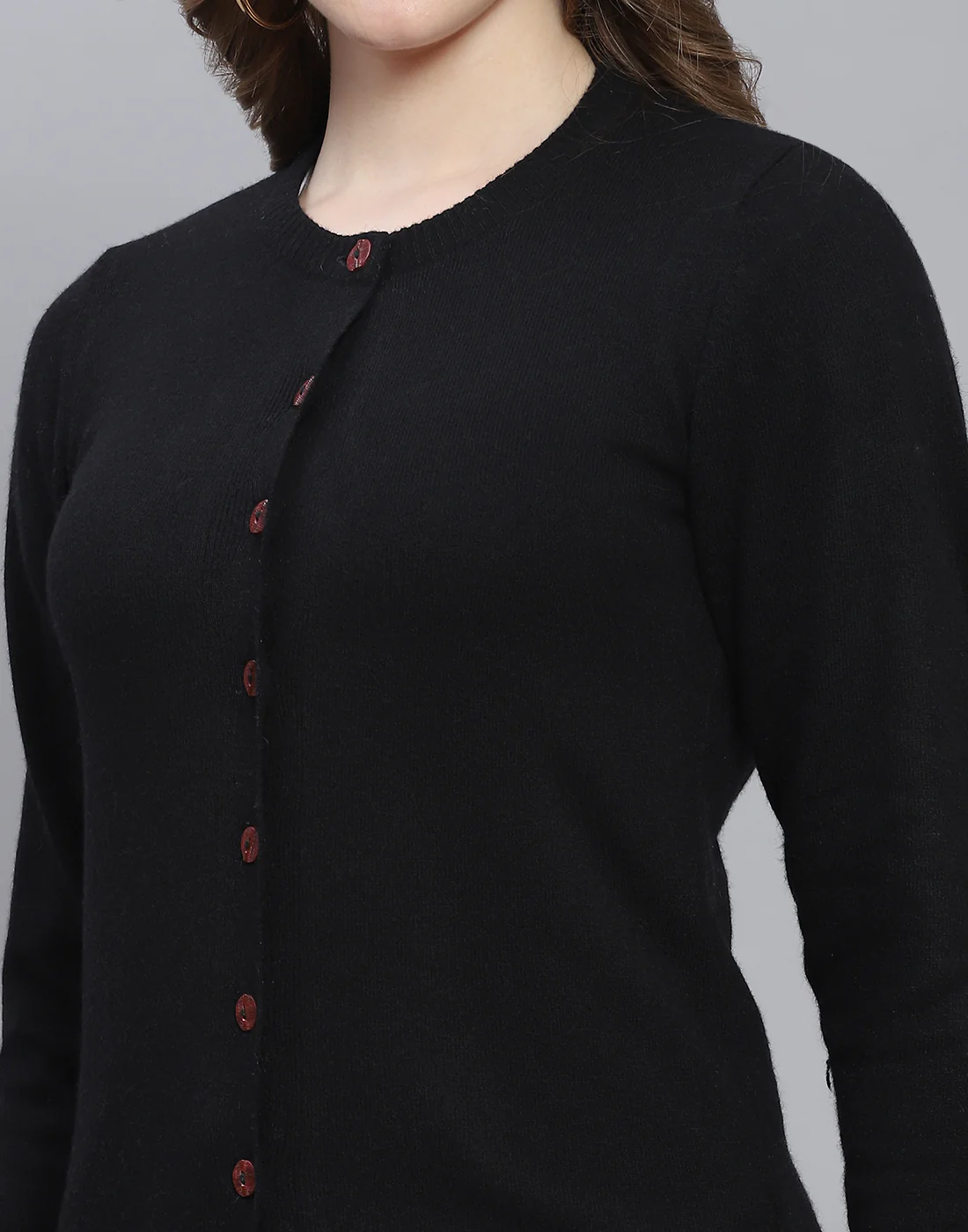 Women Black Solid Round Neck Full Sleeve Cardigan - Image 6