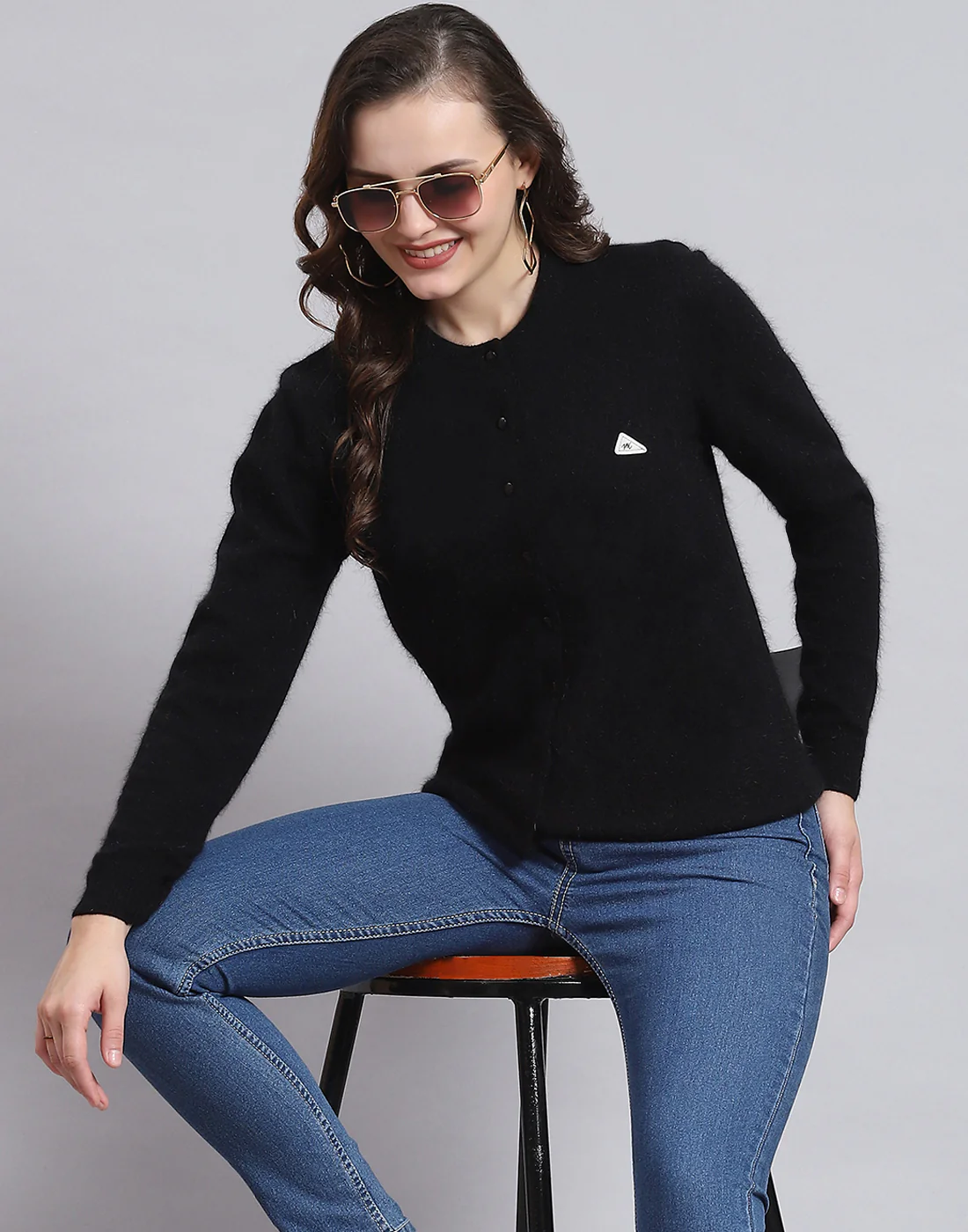 Women Black Solid Round Neck Full Sleeve Cardigan - Image 2
