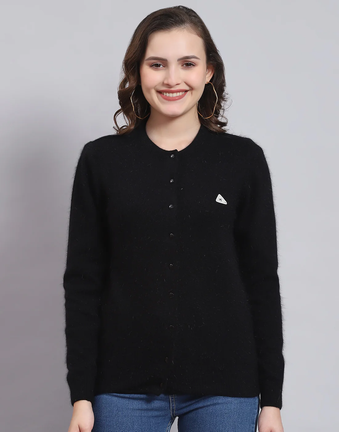 Women Black Solid Round Neck Full Sleeve Cardigan - Image 4