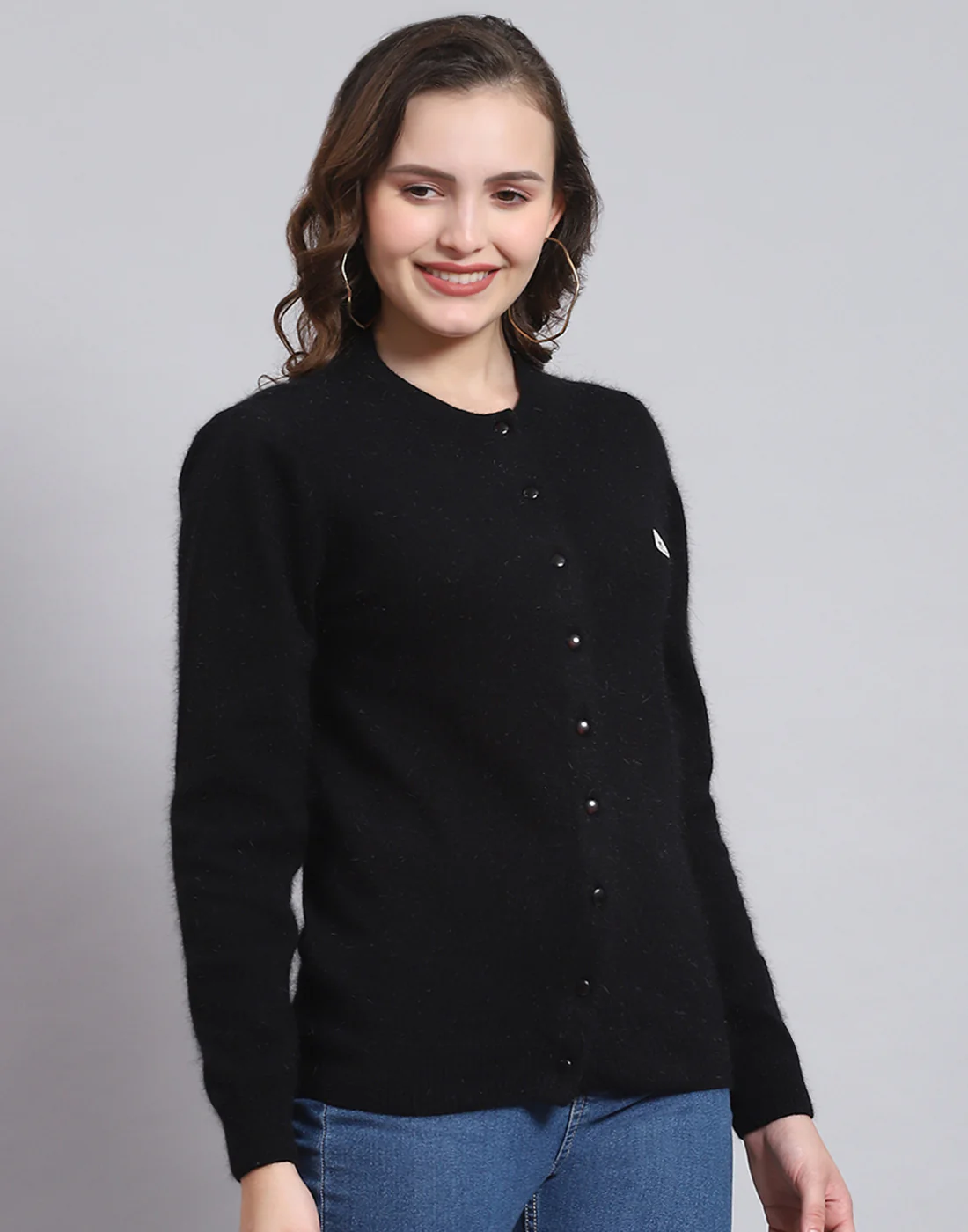 Women Black Solid Round Neck Full Sleeve Cardigan - Image 5