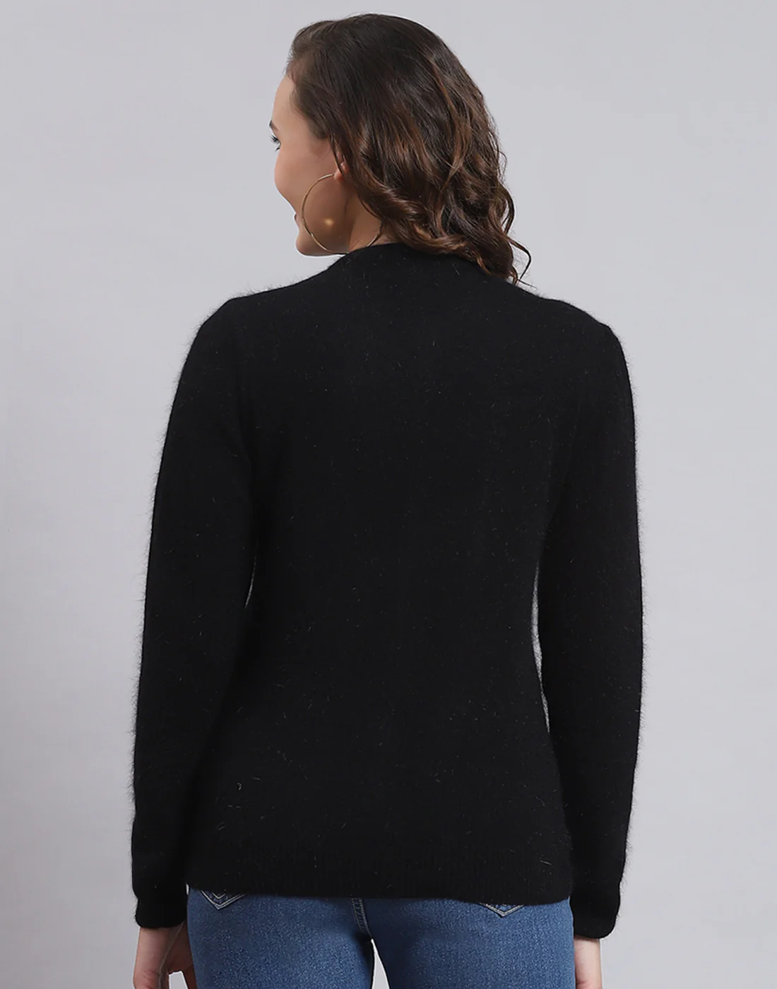Women Black Solid Round Neck Full Sleeve Cardigan - Image 6