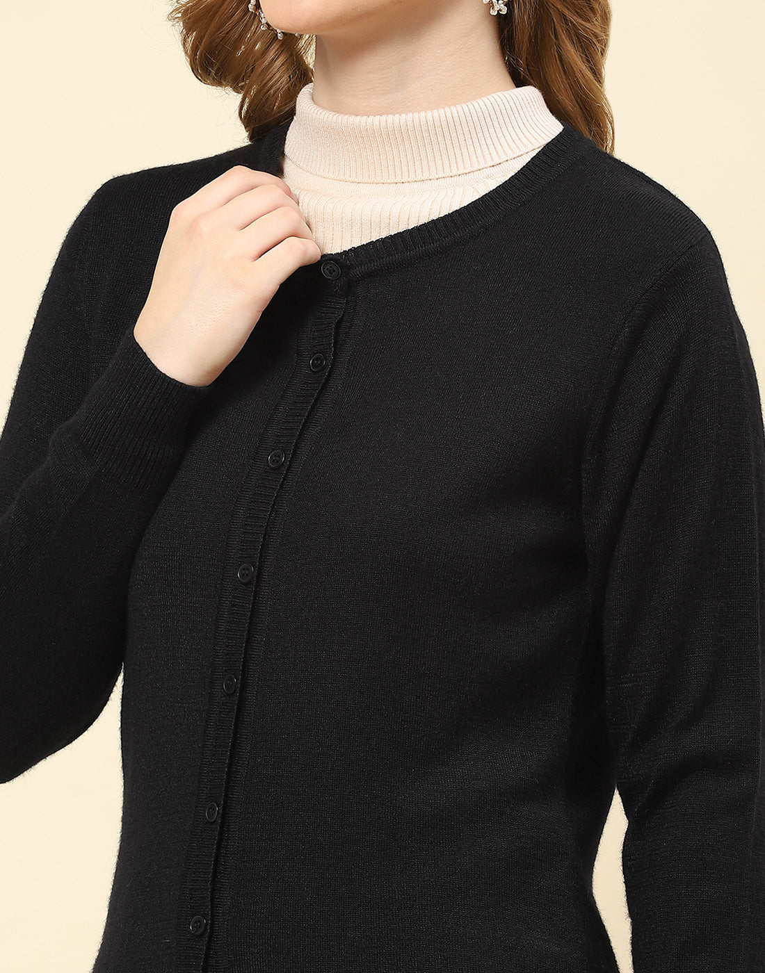 Women Black Solid Round Neck Full Sleeve Cardigan - Image 6