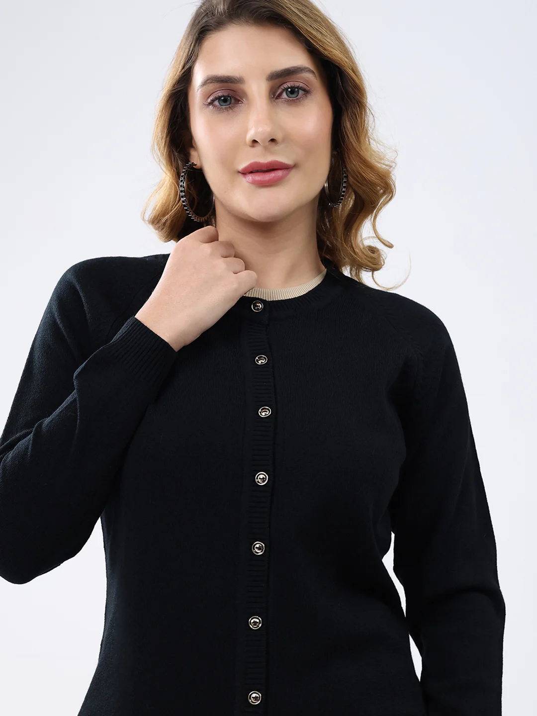 Women Black Solid Round Neck Full Sleeve Cardigan - Image 7
