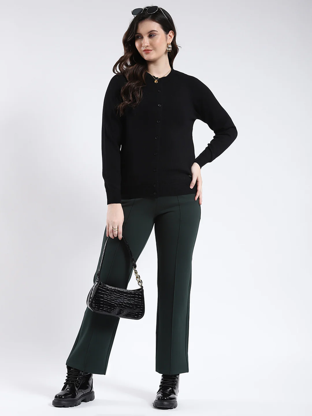 Women Black Solid Round Neck Full Sleeve Cardigan - Image 2