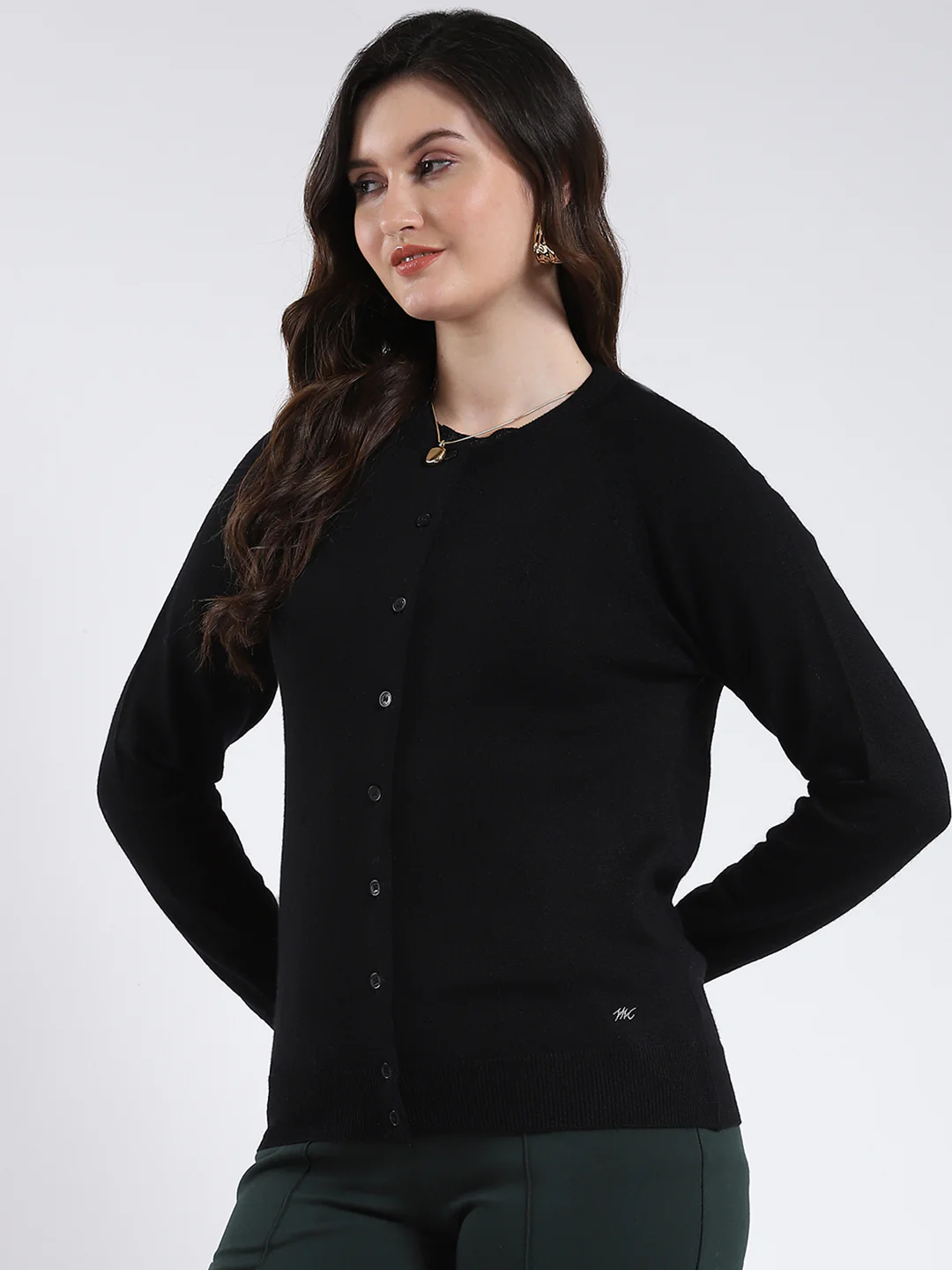 Women Black Solid Round Neck Full Sleeve Cardigan - Image 3