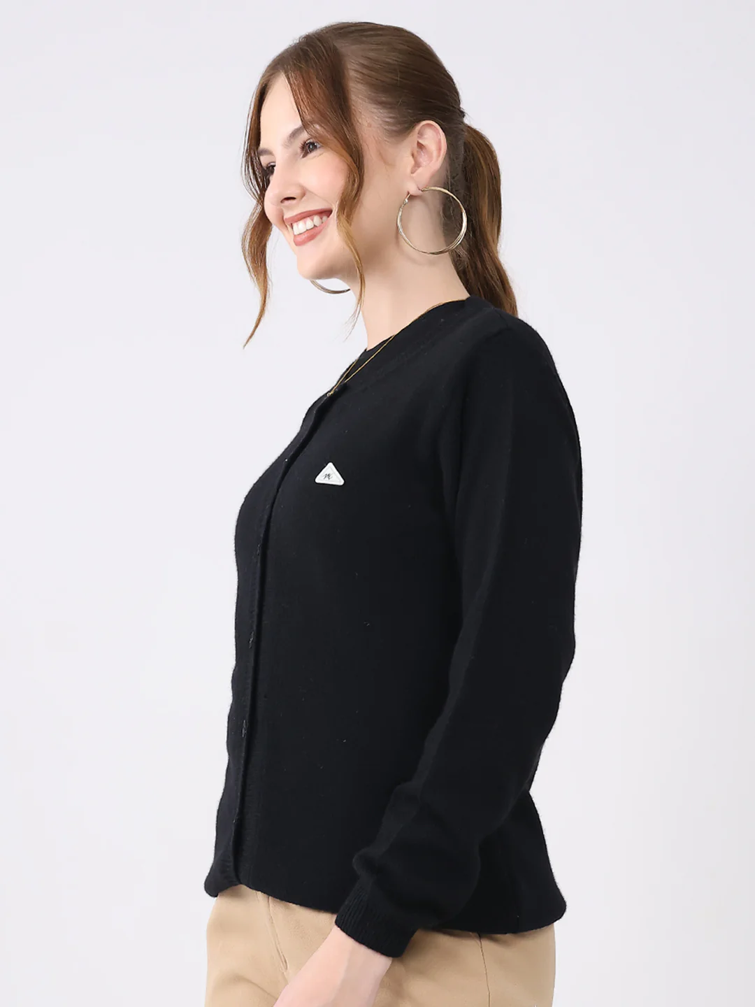 Women Black Solid Round Neck Full Sleeve Cardigan - Image 3