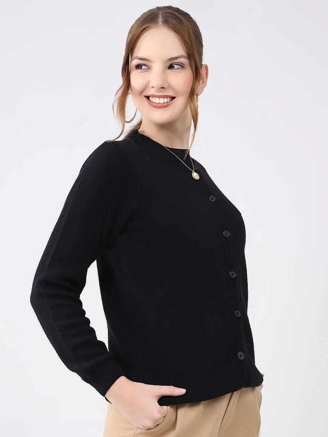 Women Black Solid Round Neck Full Sleeve Cardigan - Image 4