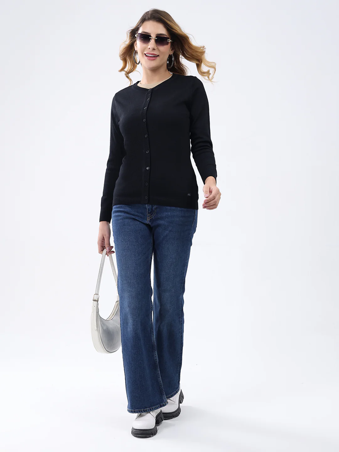 Women Black Solid Round Neck Full Sleeve Cardigan - Image 2