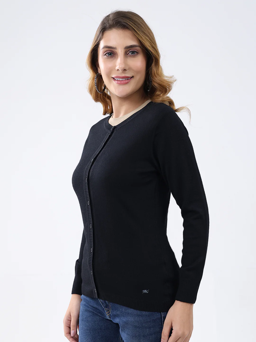 Women Black Solid Round Neck Full Sleeve Cardigan - Image 4