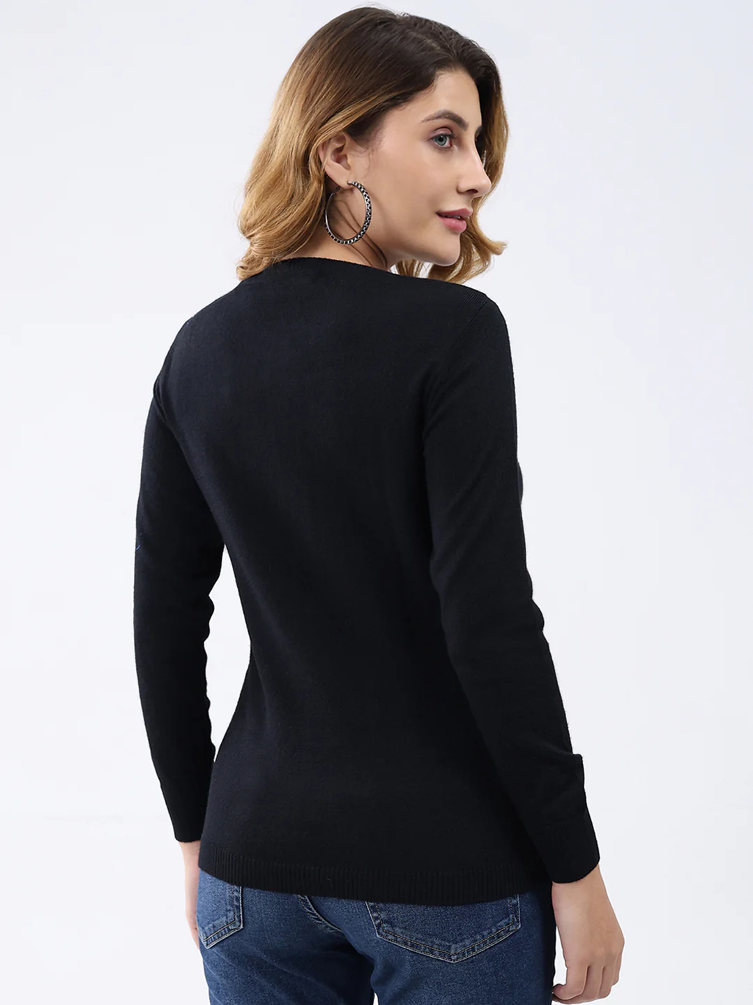 Women Black Solid Round Neck Full Sleeve Cardigan - Image 5
