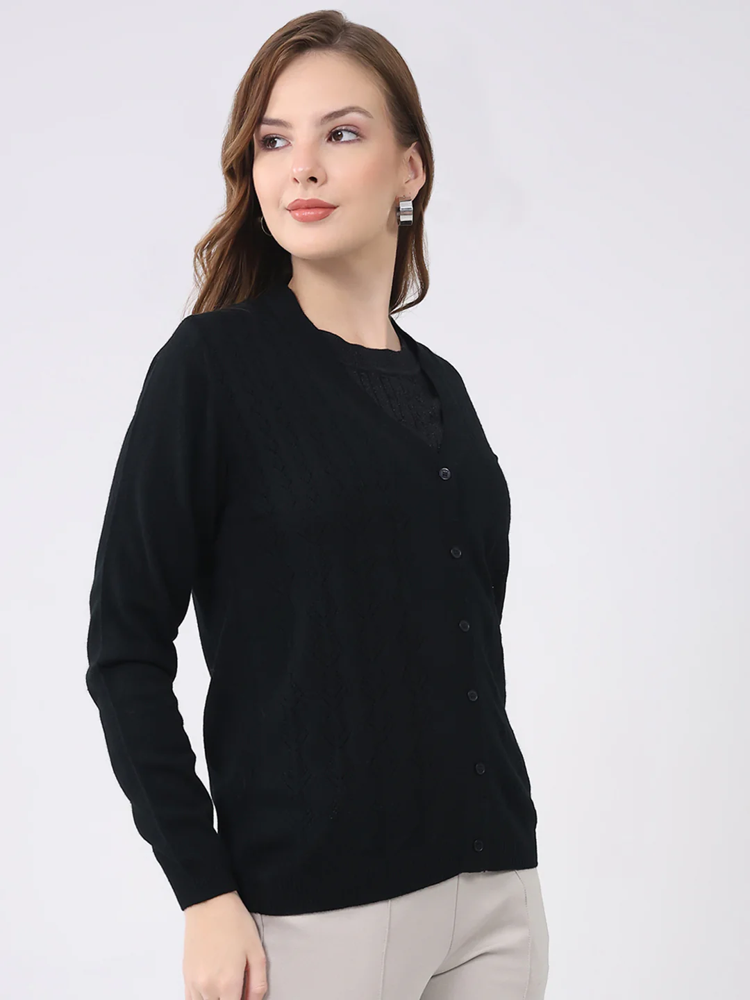 Women Black Solid Round Neck Full Sleeve Cardigan - Image 4