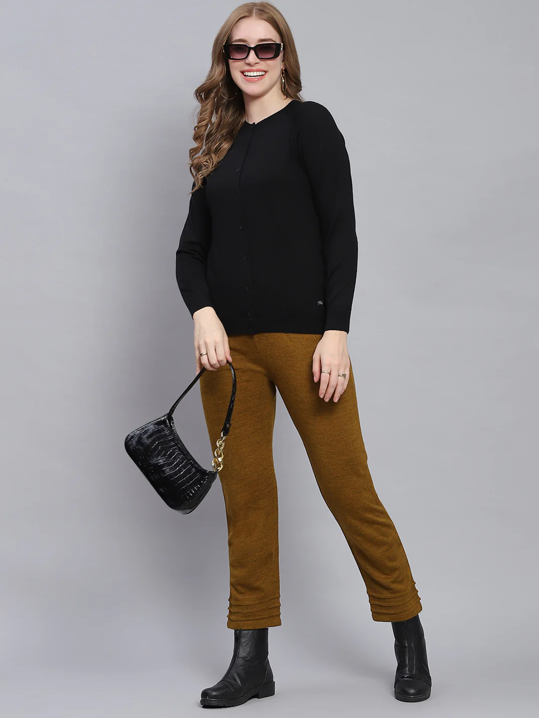 Women Black Solid Round Neck Full Sleeve Cardigans - Image 2