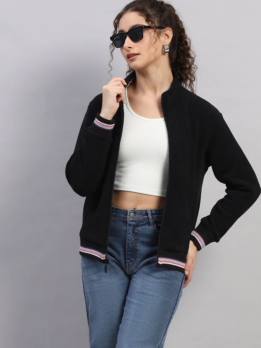 Women Black Solid Round Neck Full Sleeve Sweatshirt - Image 6
