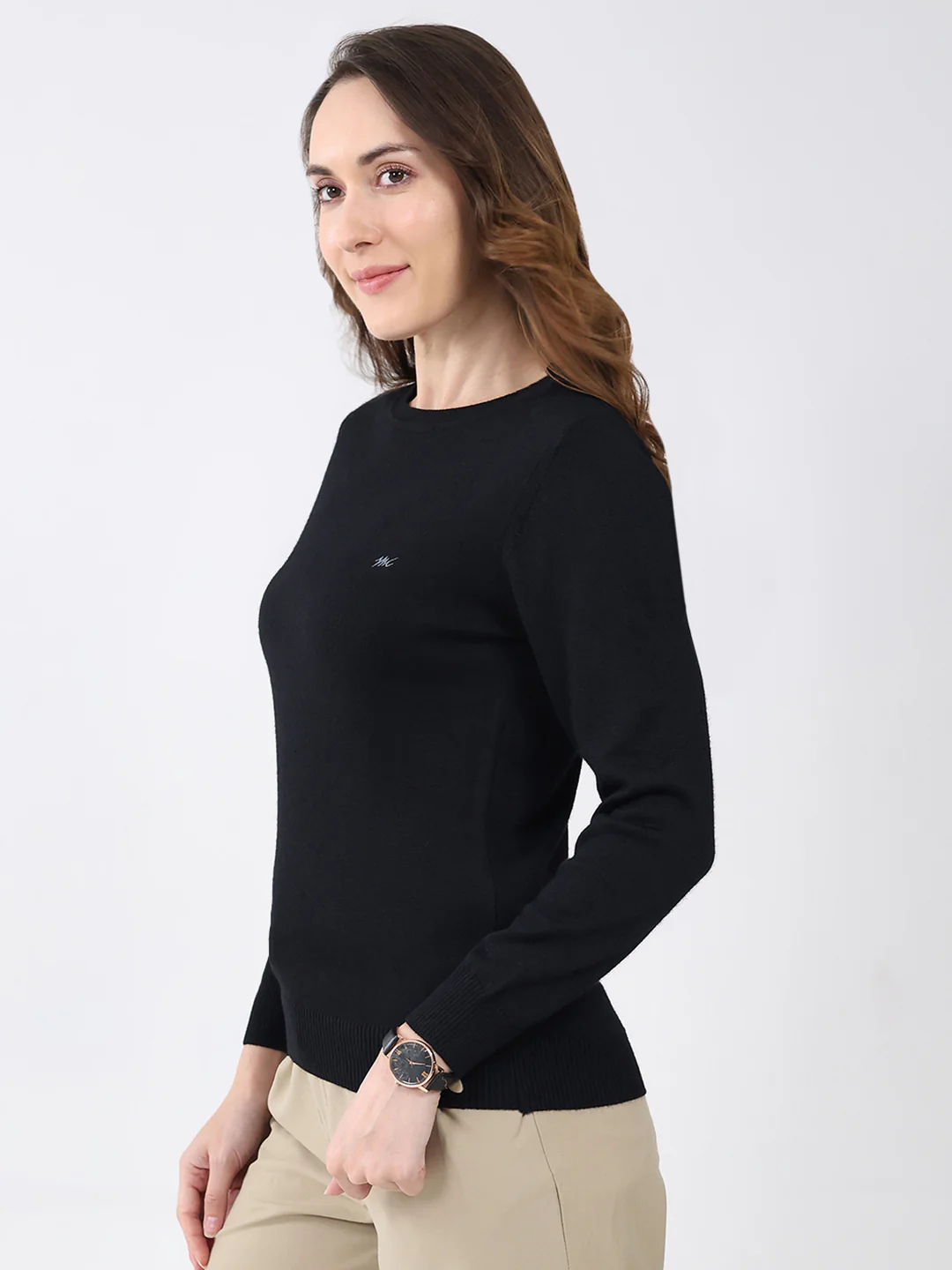 Women Black Solid Round Neck Full Sleeve Winter Top - Image 3