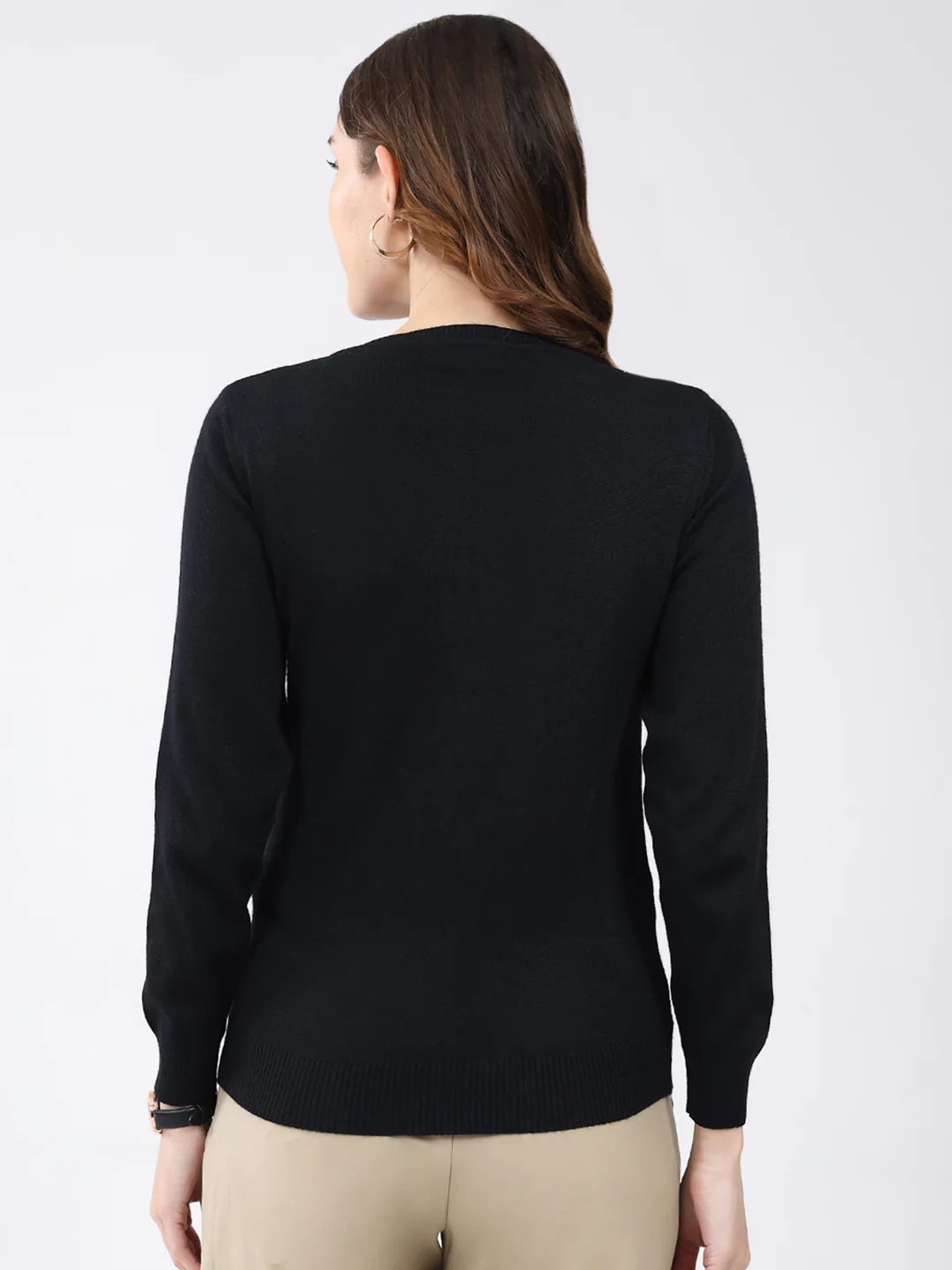 Women Black Solid Round Neck Full Sleeve Winter Top - Image 5