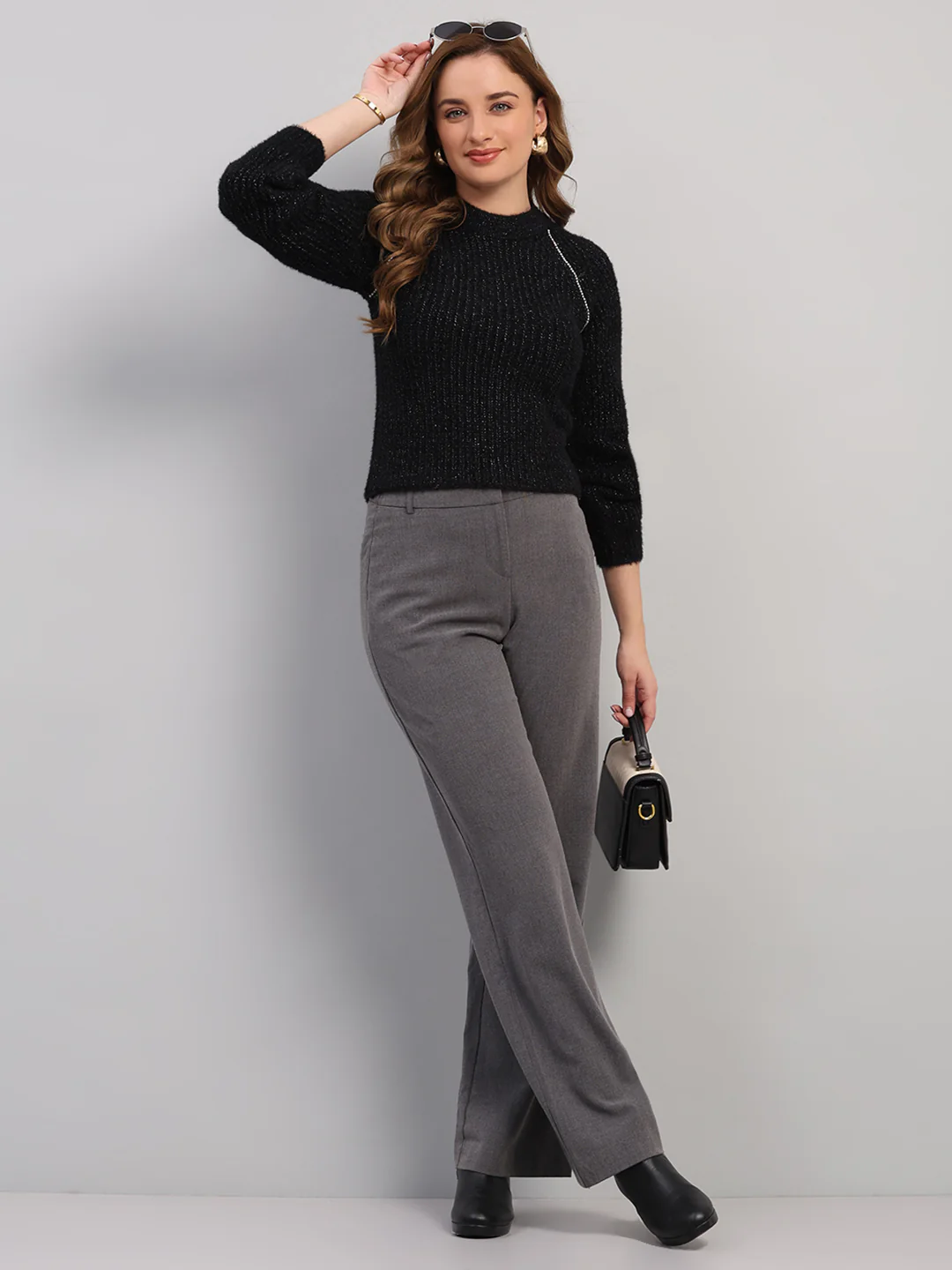 Women Black Solid Round Neck Full Sleeve Winter Top - Image 2