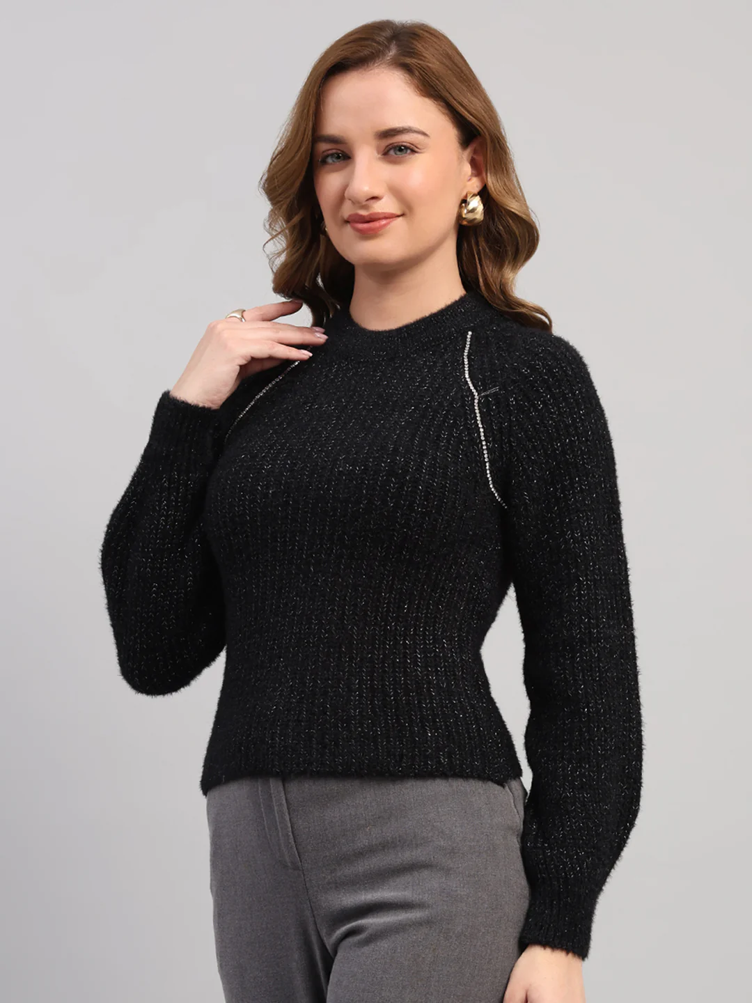 Women Black Solid Round Neck Full Sleeve Winter Top - Image 3