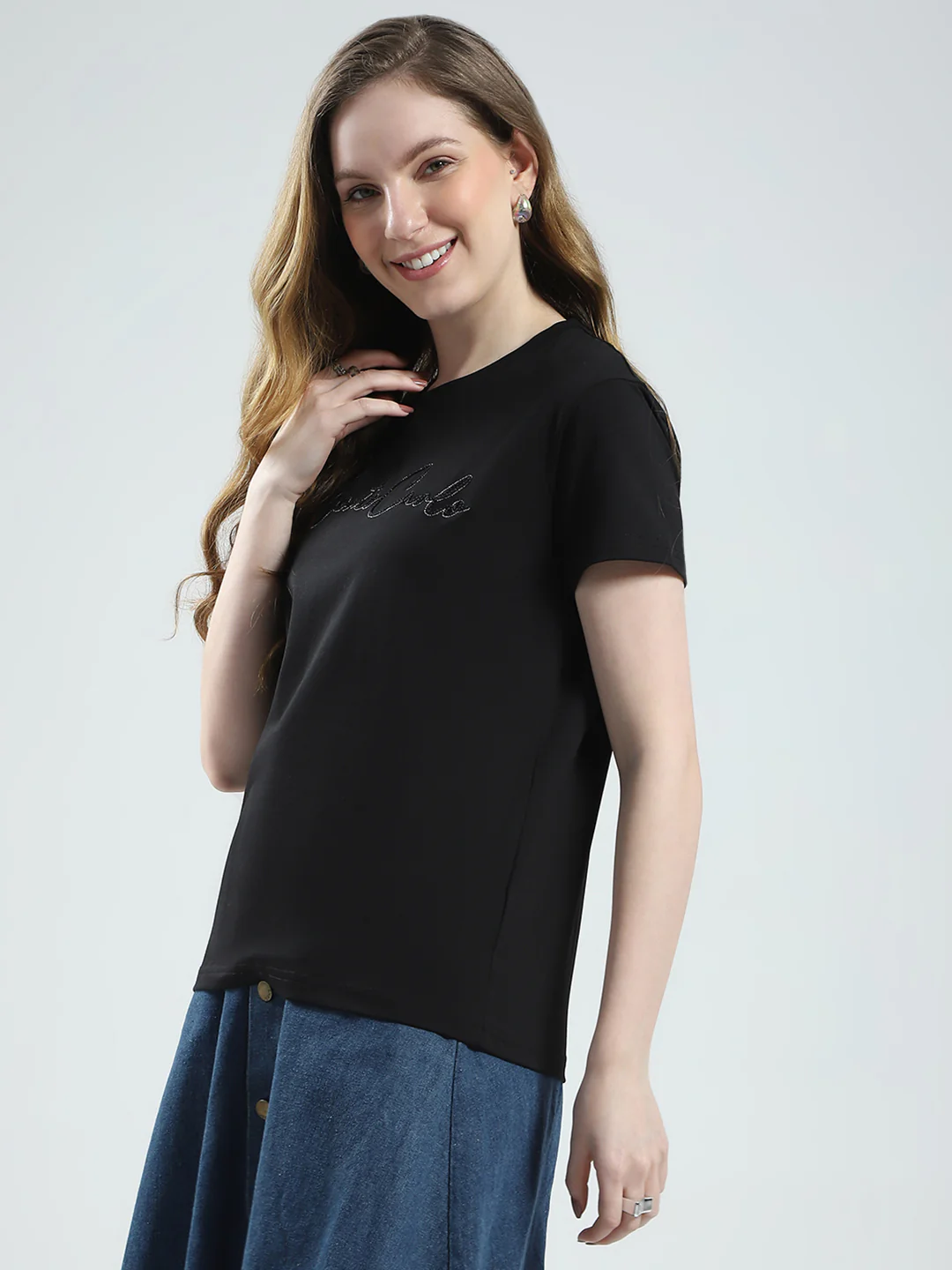 Women Black Solid Round Neck Half Sleeve Top - Image 3
