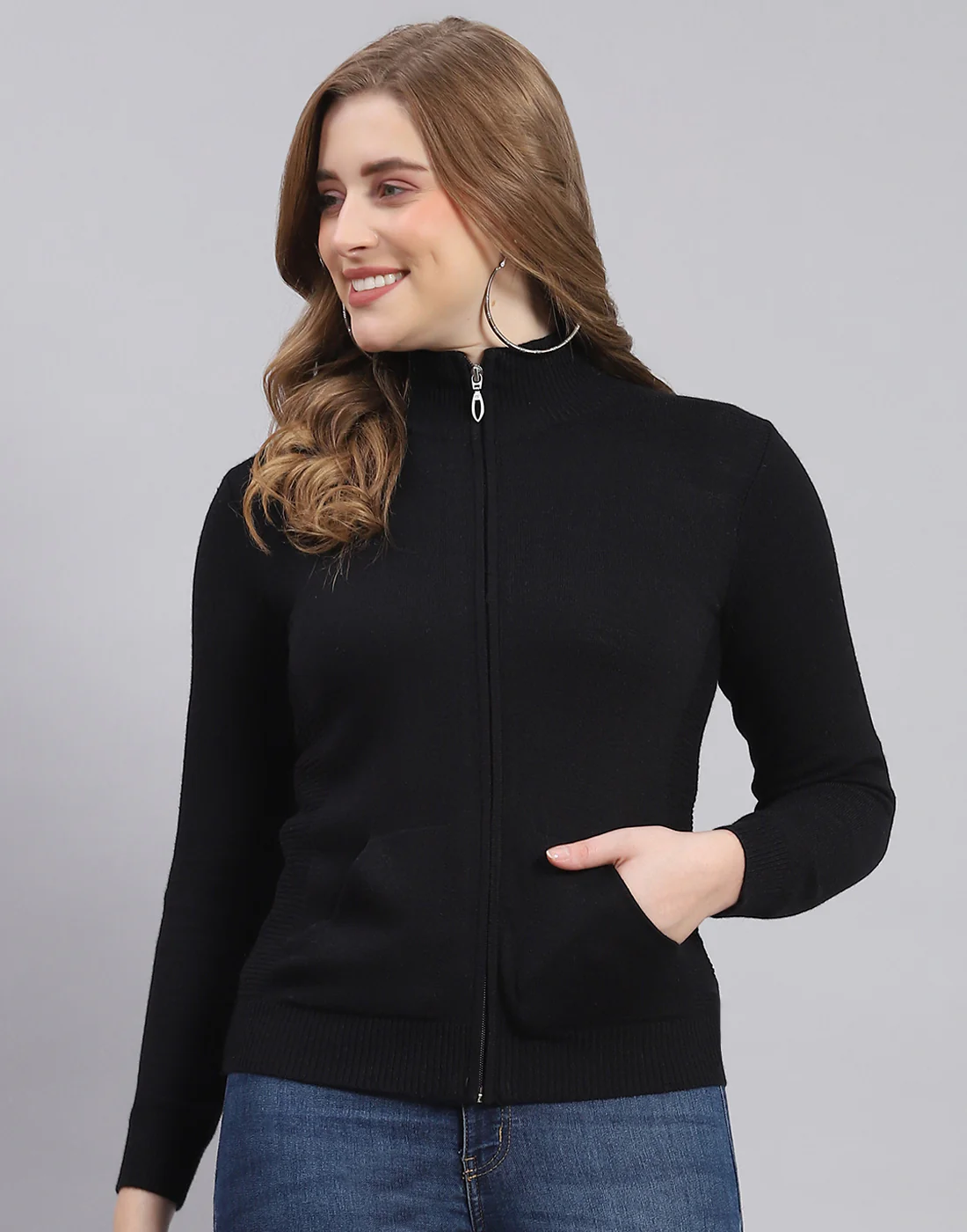 Women Black Solid Stand Collar Full Sleeve Cardigan - Image 3