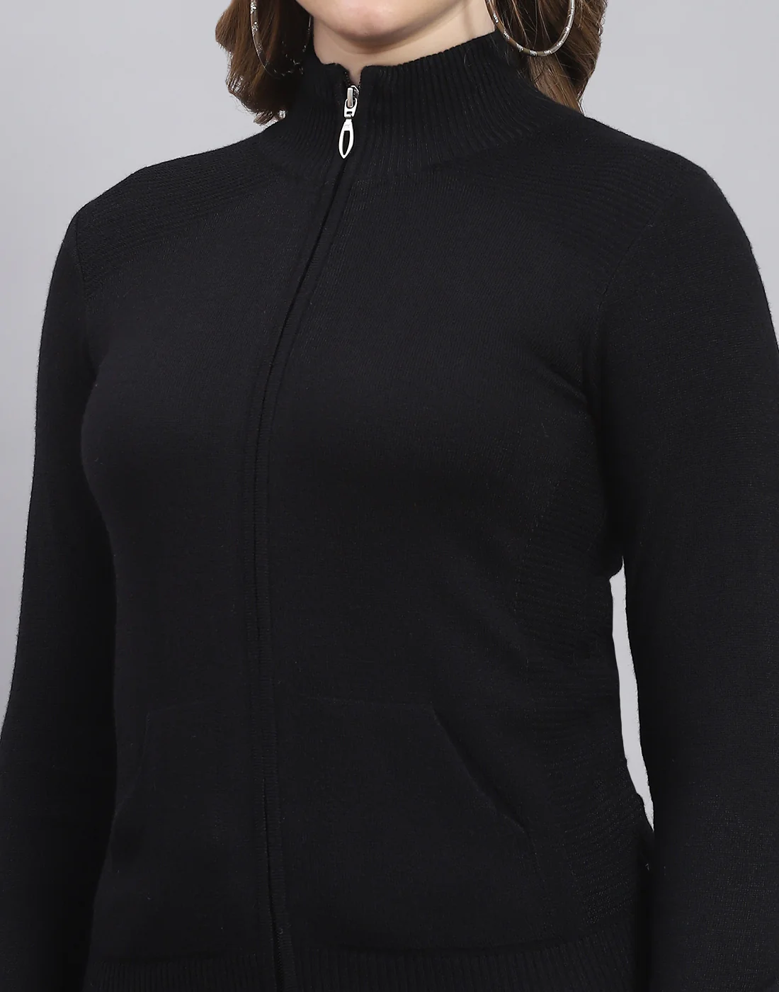 Women Black Solid Stand Collar Full Sleeve Cardigan - Image 6