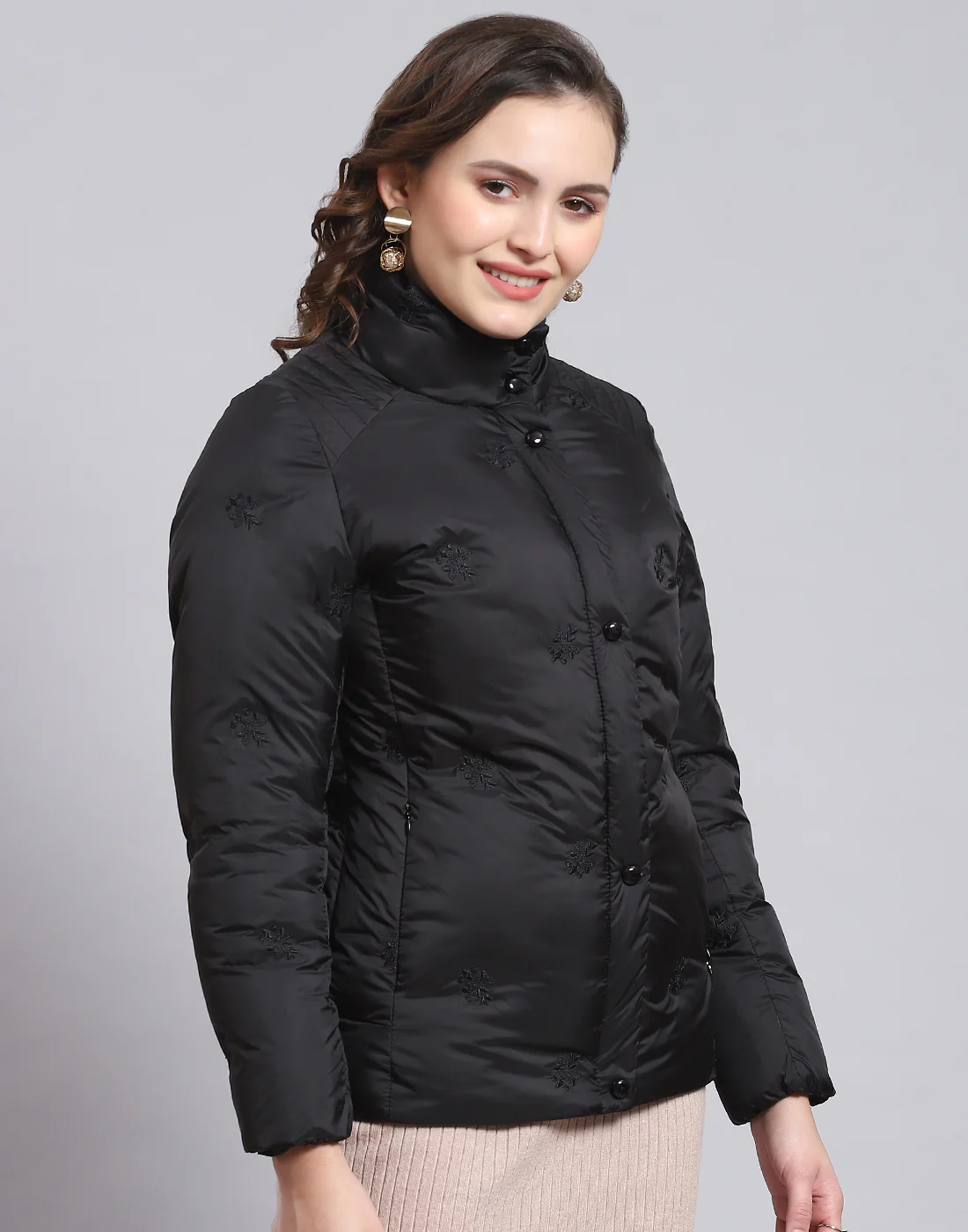 Women Black Solid Stand Collar Full Sleeve Jacket - Image 4