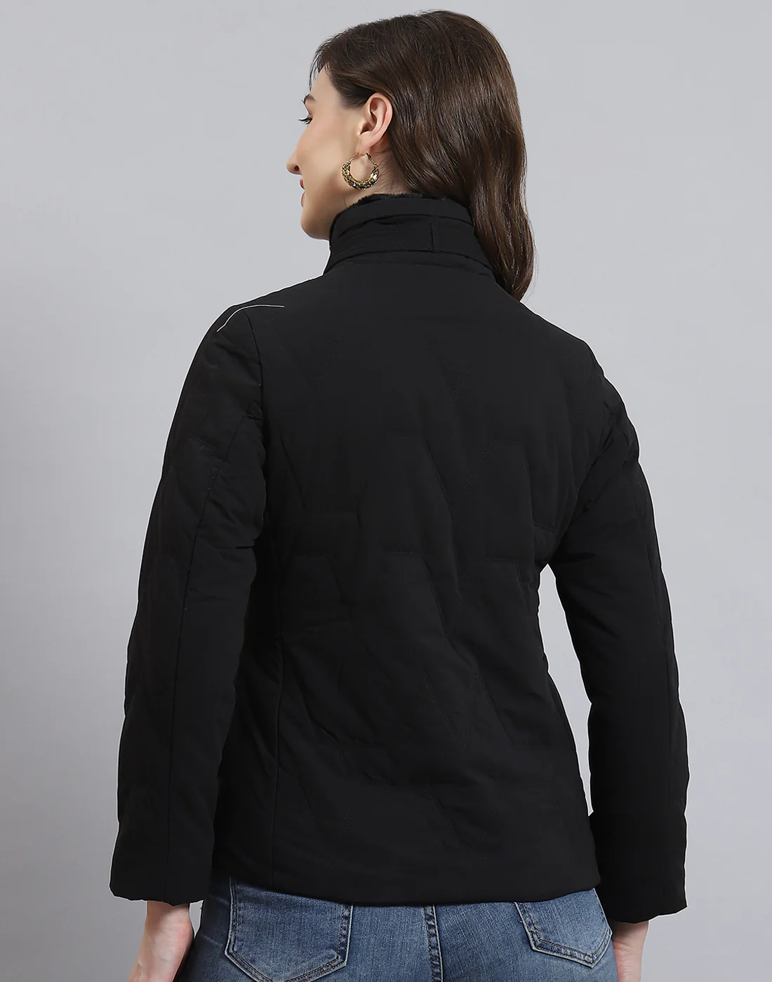 Women Black Solid Stand Collar Full Sleeve Jacket - Image 6
