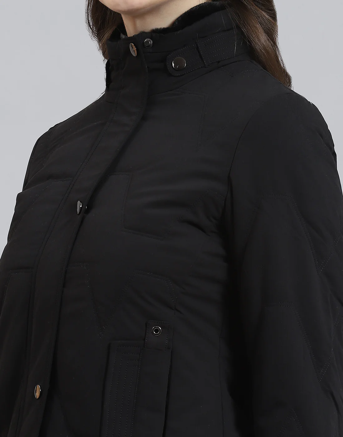 Women Black Solid Stand Collar Full Sleeve Jacket - Image 7