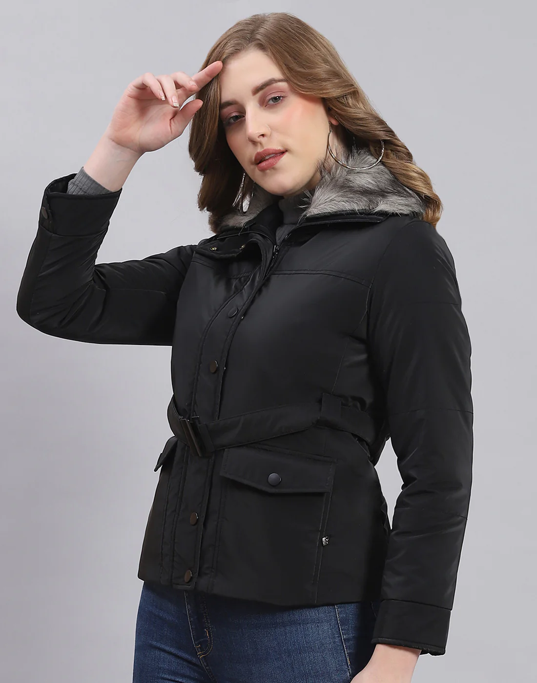 Women Black Solid Stand Collar Full Sleeve Jacket - Image 3