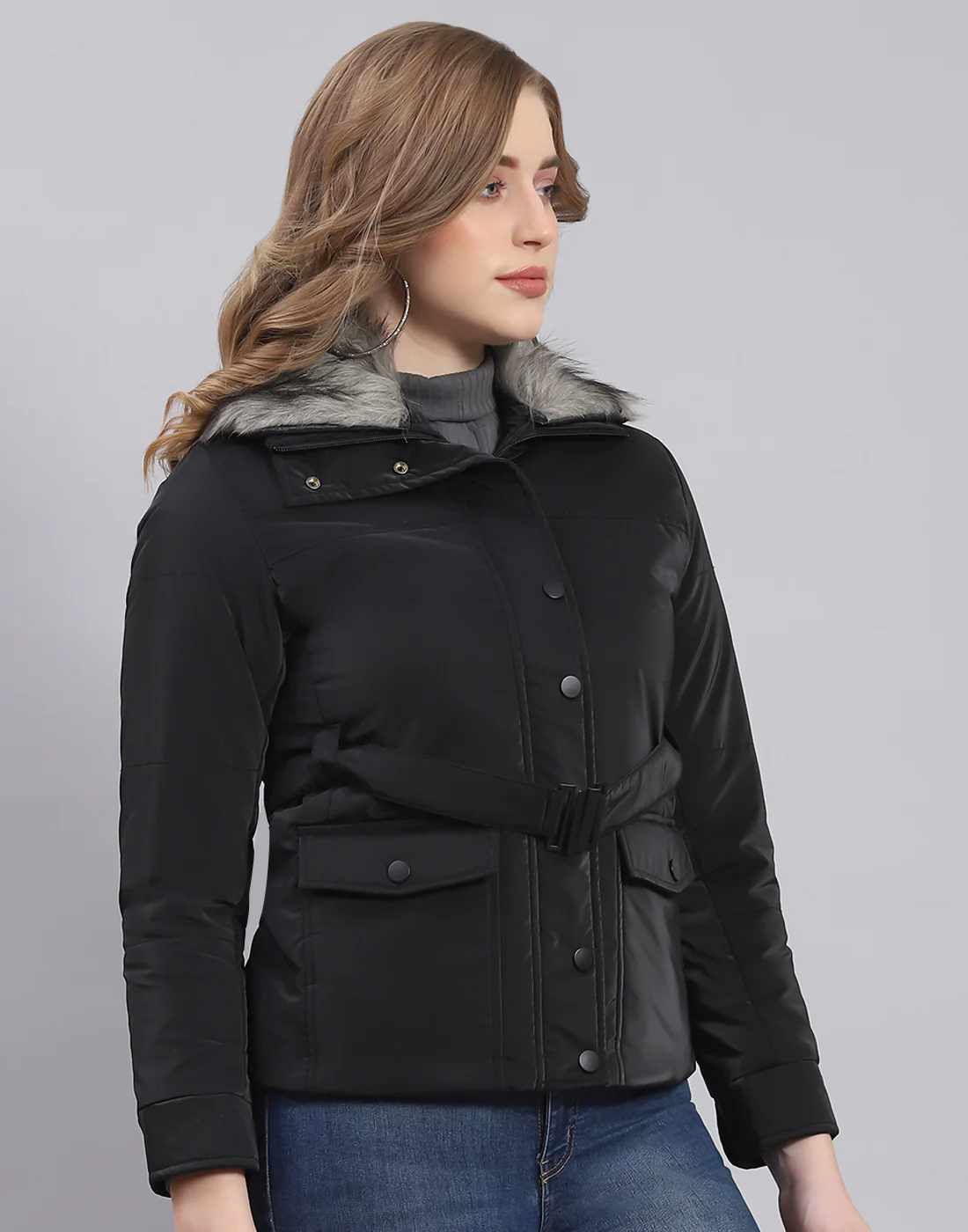 Women Black Solid Stand Collar Full Sleeve Jacket - Image 4