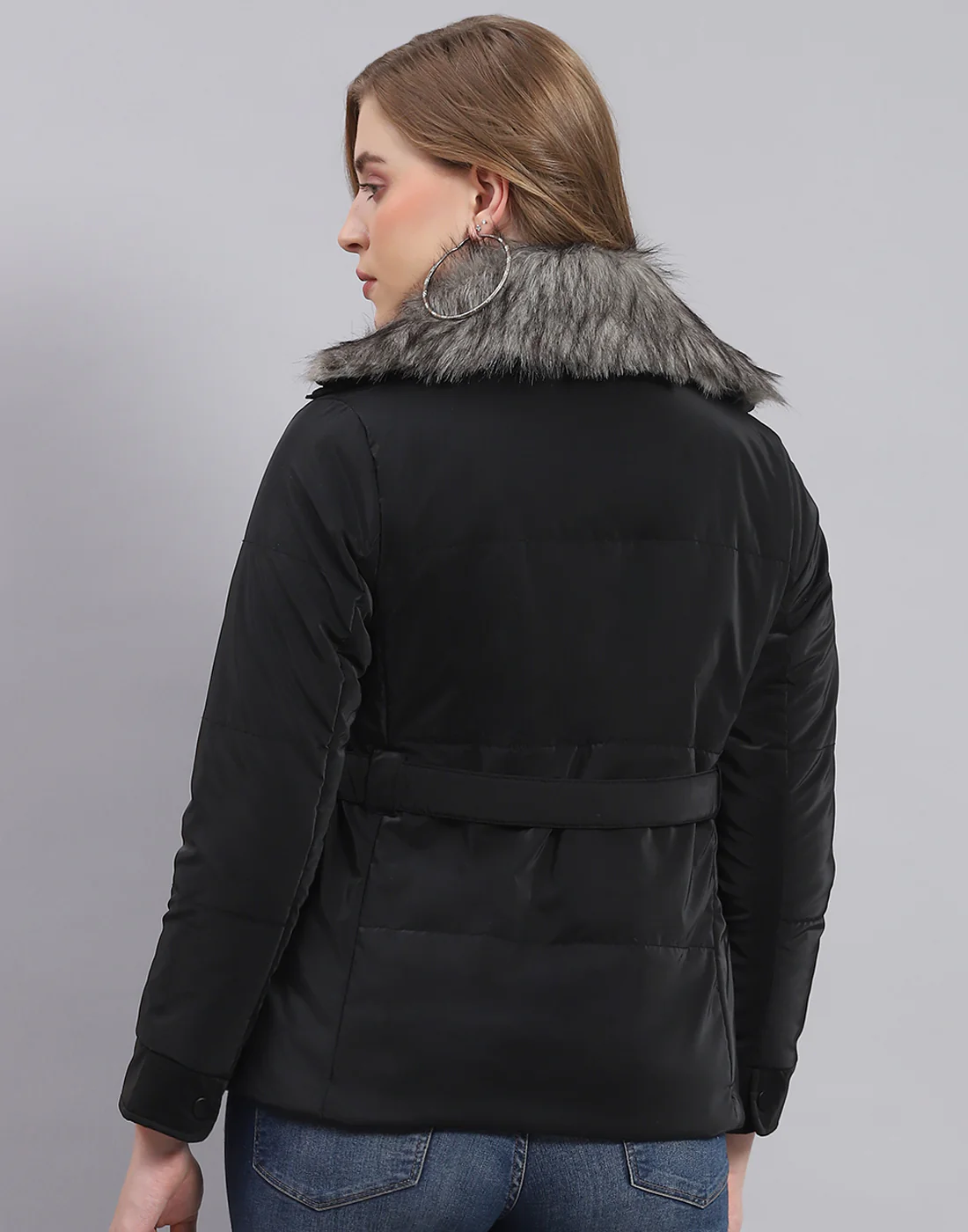 Women Black Solid Stand Collar Full Sleeve Jacket - Image 5