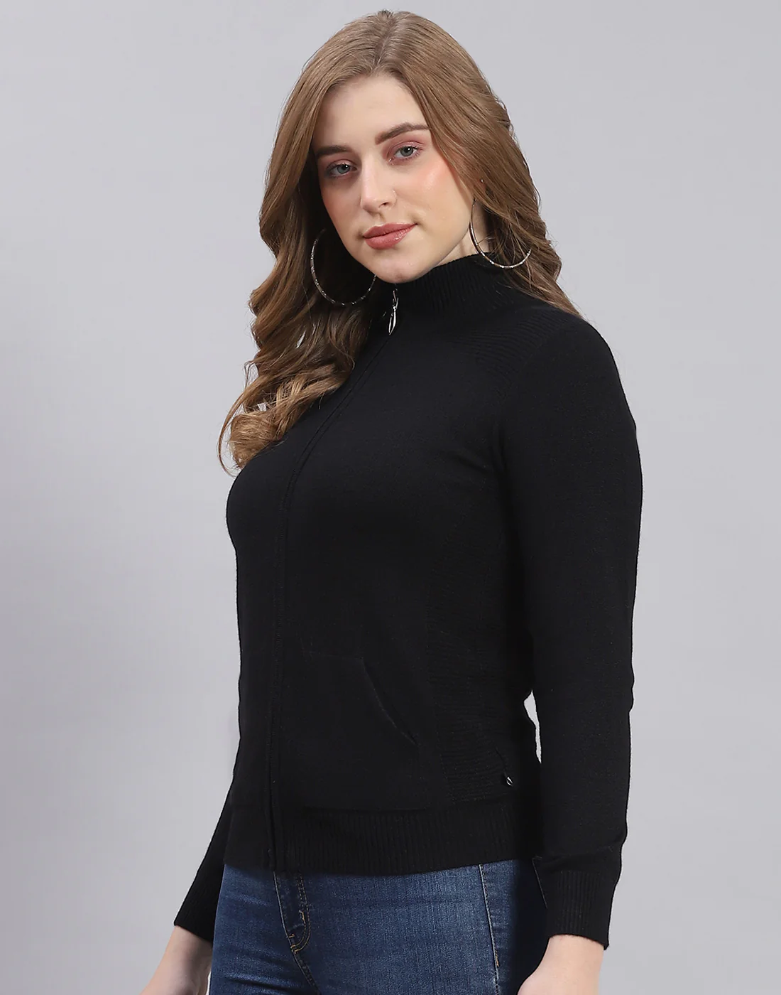 Women Black Solid Stand Collar Full Sleeve Sweater - Image 3