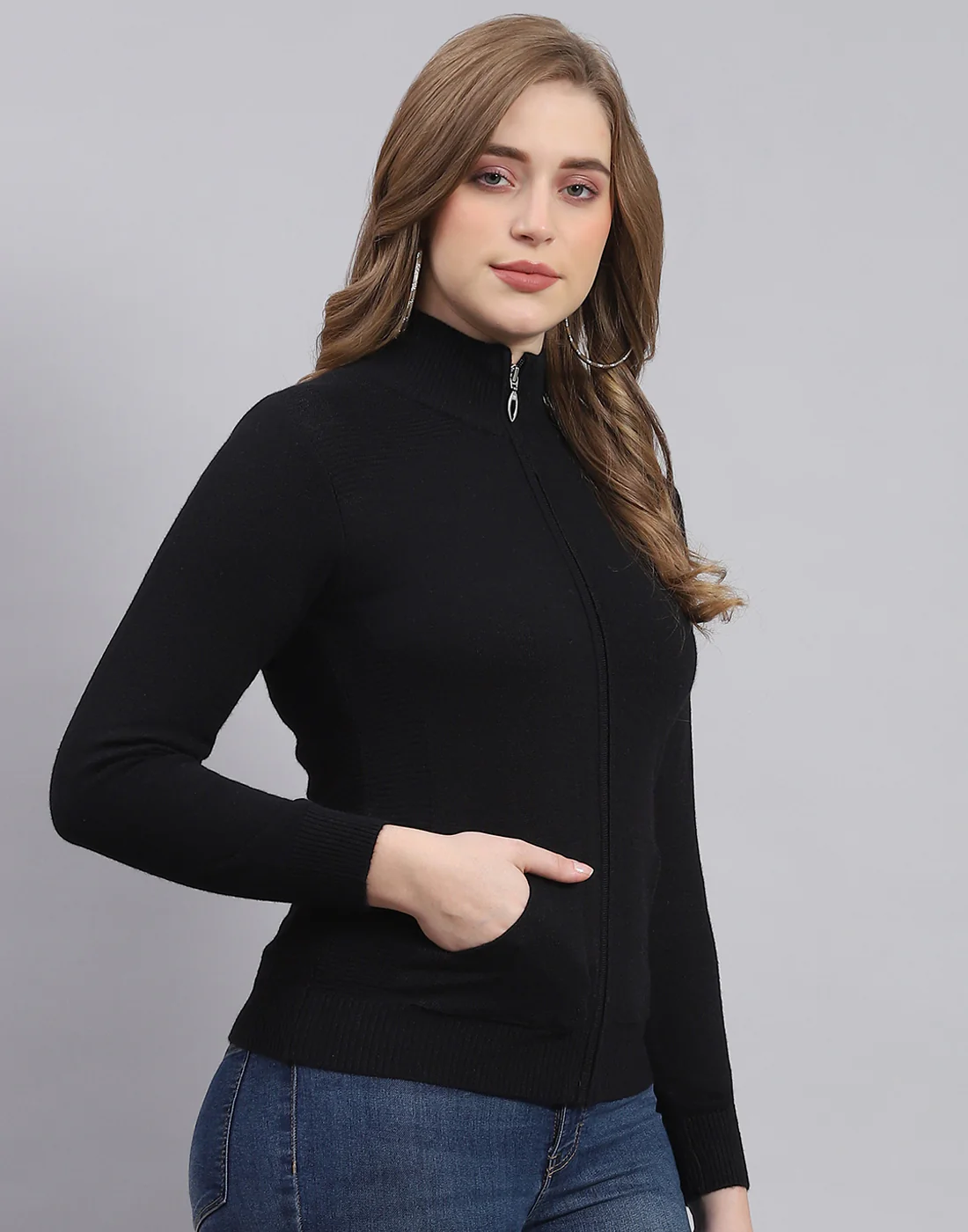 Women Black Solid Stand Collar Full Sleeve Sweater - Image 4