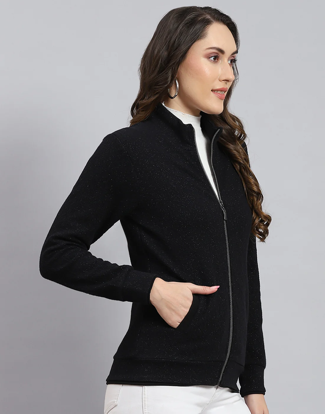 Women Black Solid Stand Collar Full Sleeve Sweatshirt - Image 4