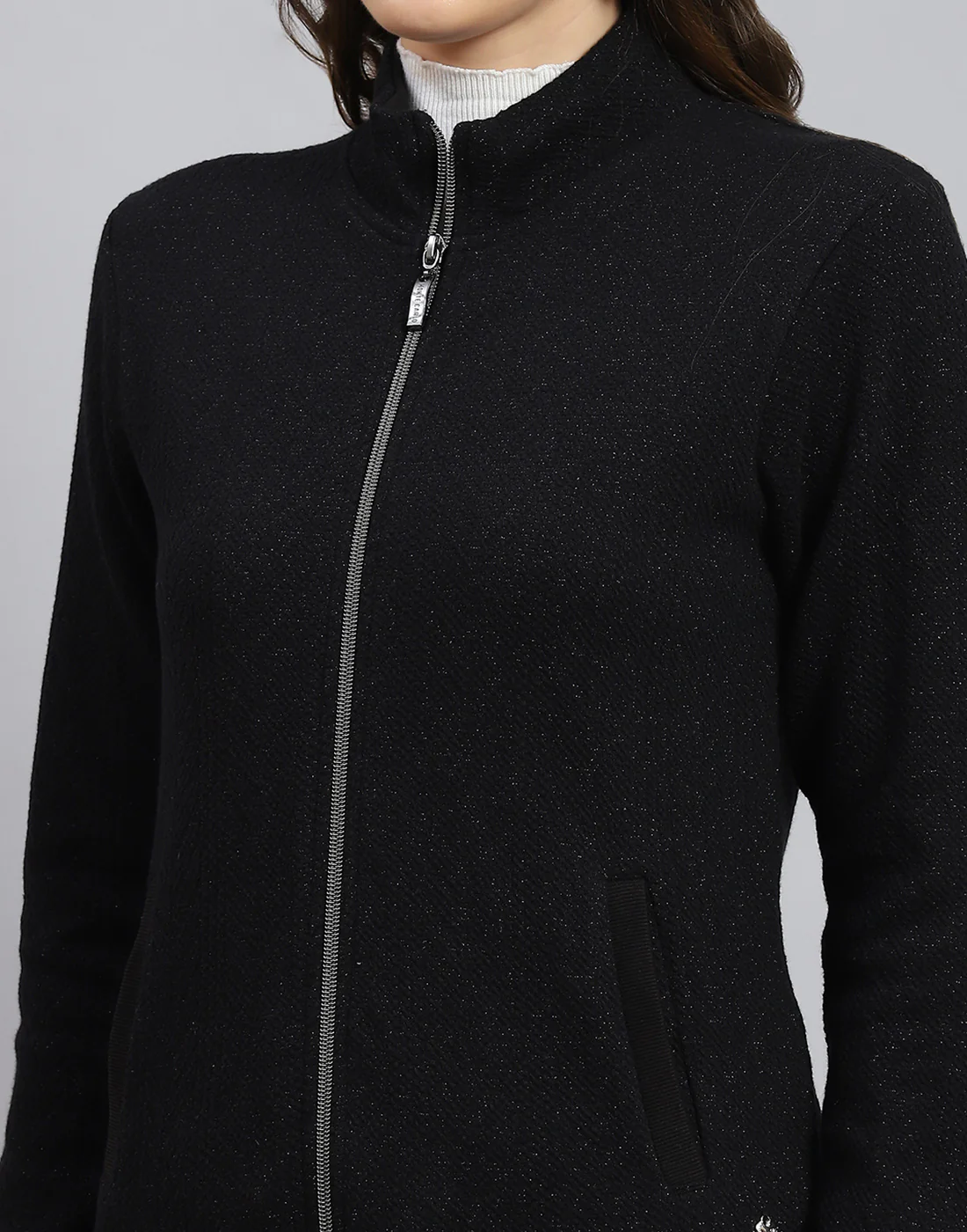 Women Black Solid Stand Collar Full Sleeve Sweatshirt - Image 7
