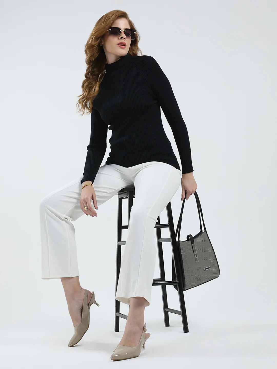 Women Black Solid Turtle Neck Full Sleeve Sceavy - Image 2