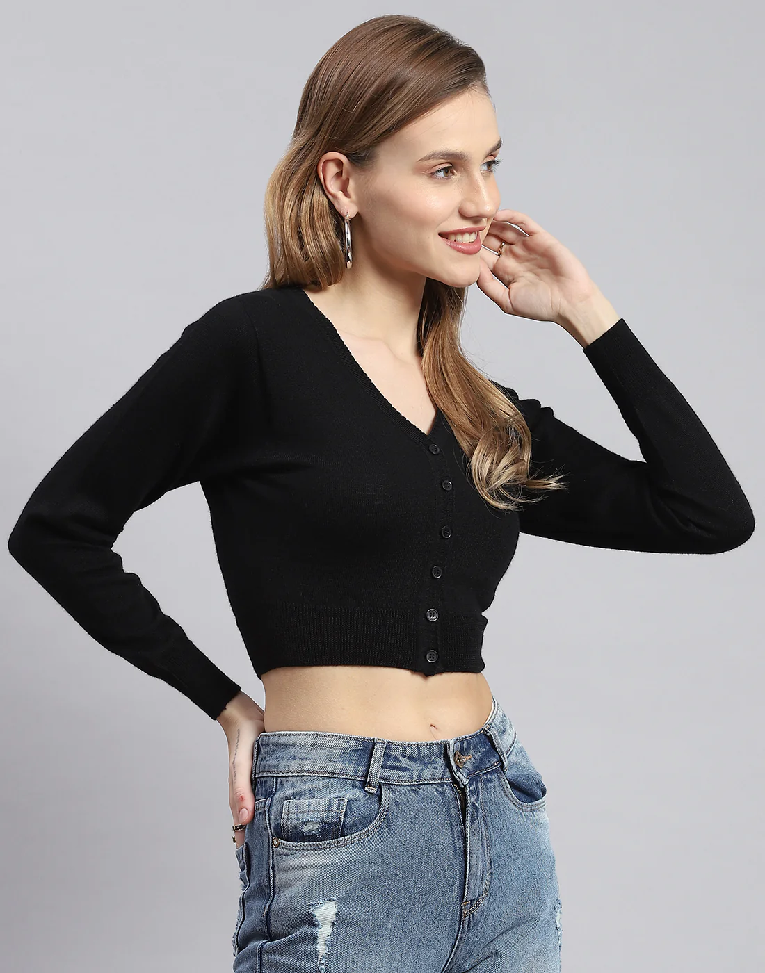 Women Black Solid V Neck Full Sleeve Blouse - Image 4