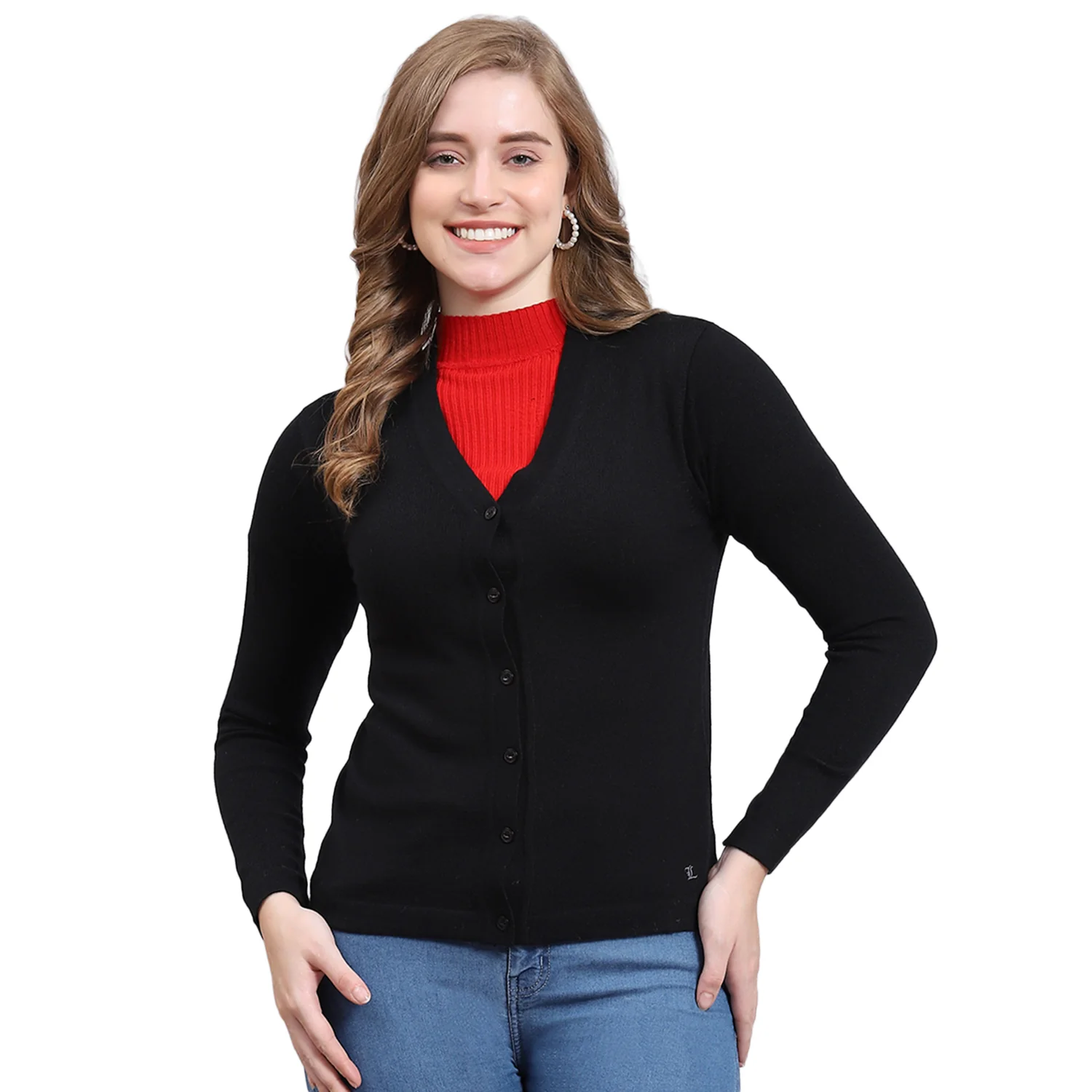 Women Black Solid V Neck Full Sleeve Cardigan - Image 5