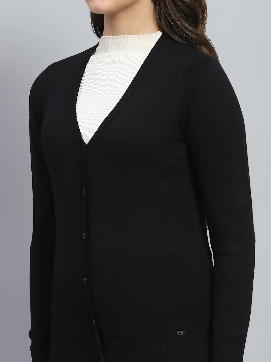Women Black Solid V Neck Full Sleeve Cardigan - Image 6