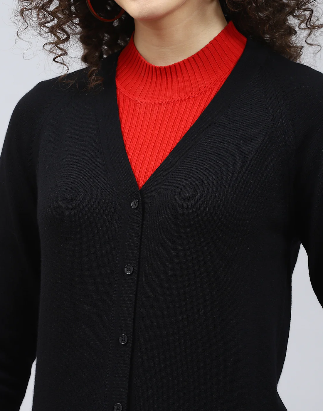 Women Black Solid V Neck Full Sleeve Cardigan - Image 6