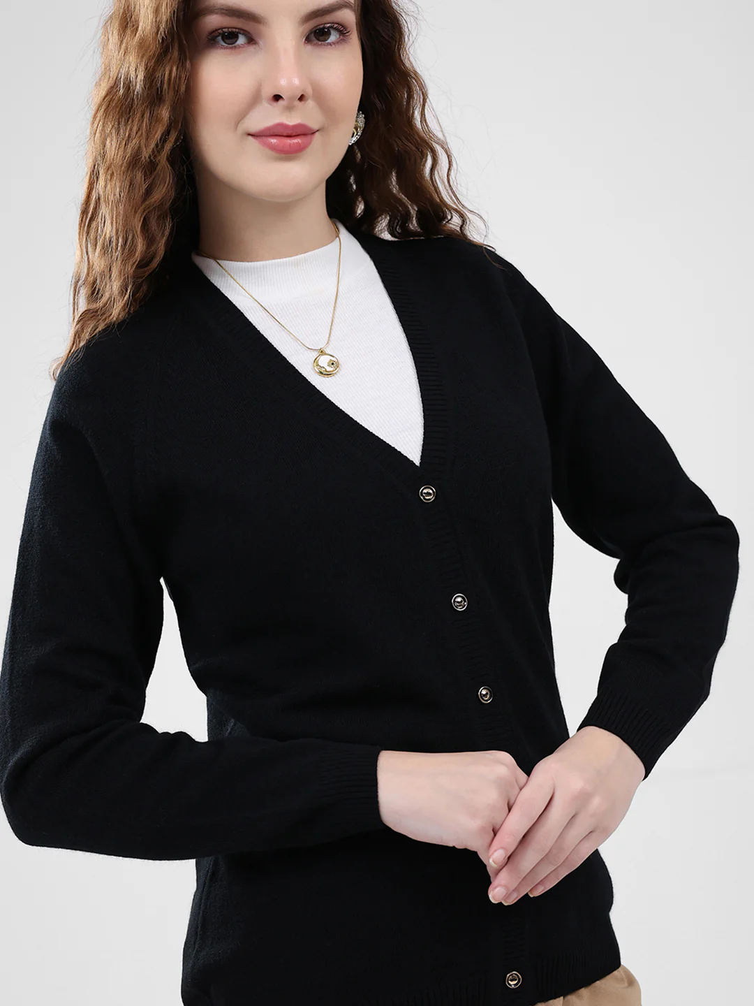 Women Black Solid V Neck Full Sleeve Cardigan - Image 6