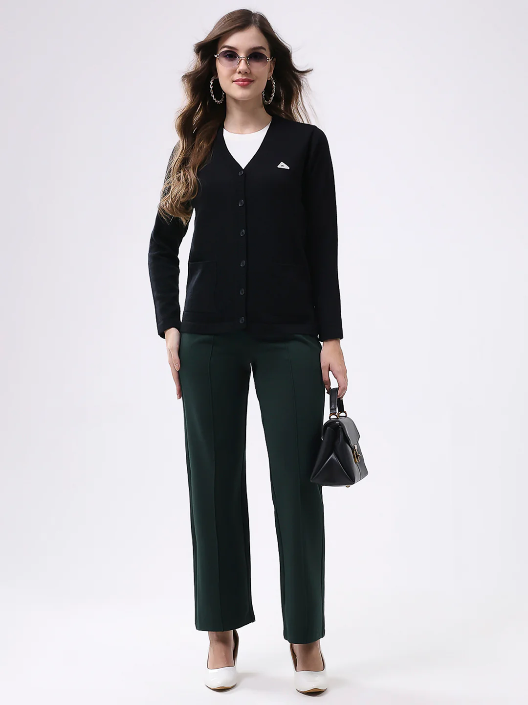 Women Black Solid V Neck Full Sleeve Cardigan - Image 2