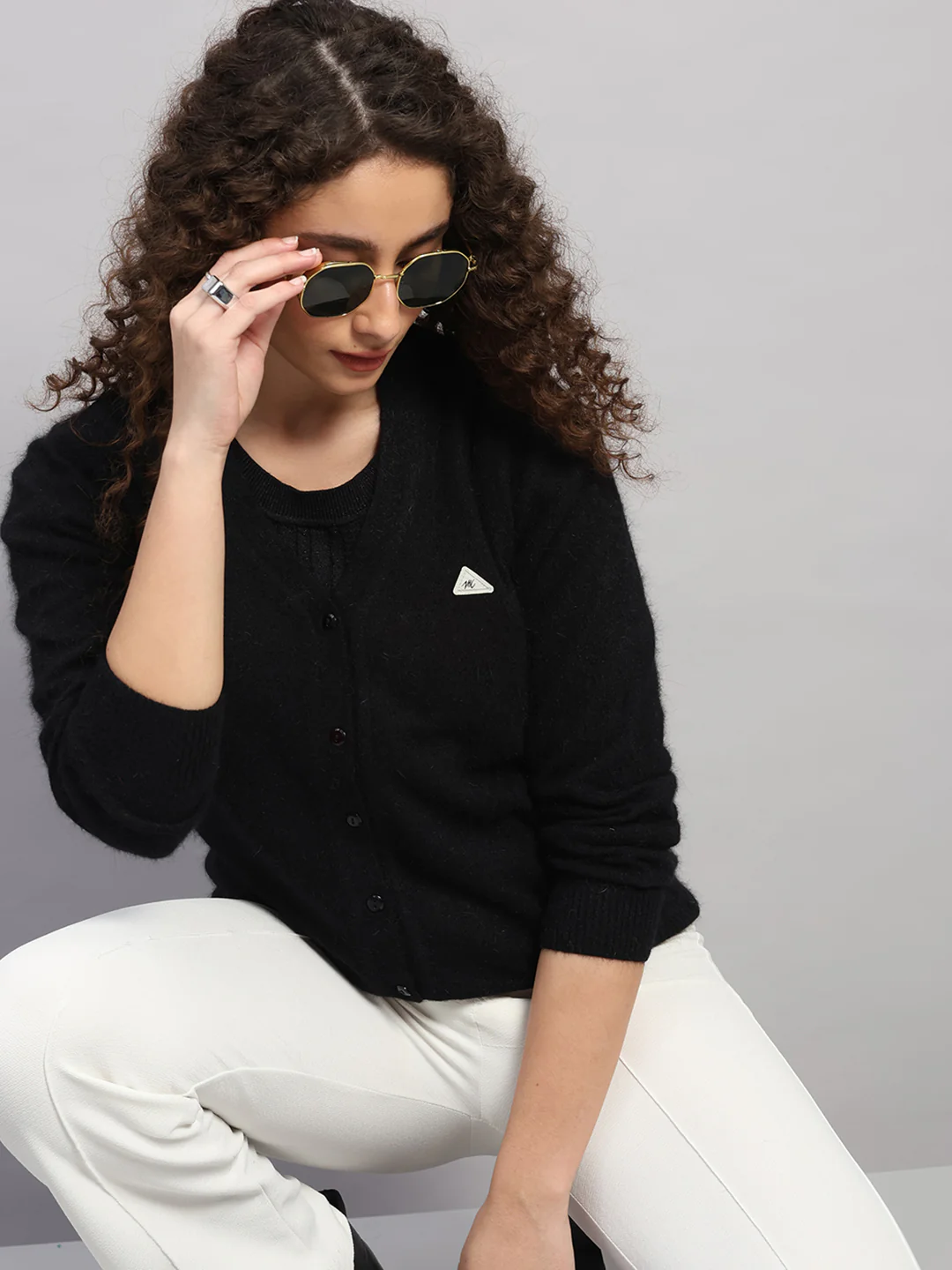 Women Black Solid V Neck Full Sleeve Cardigan - Image 6