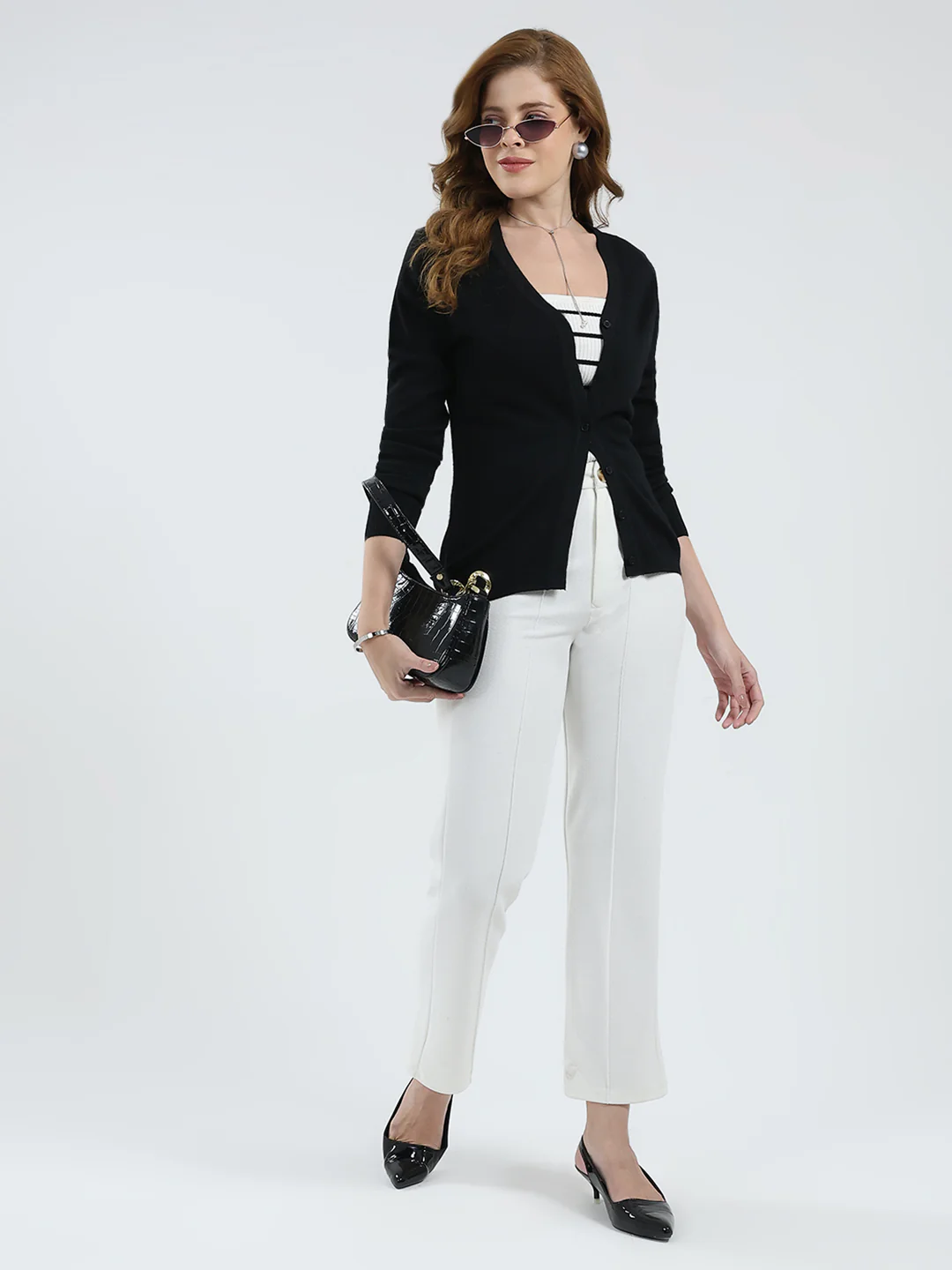 Women Black Solid V Neck Full Sleeve Cardigan - Image 2