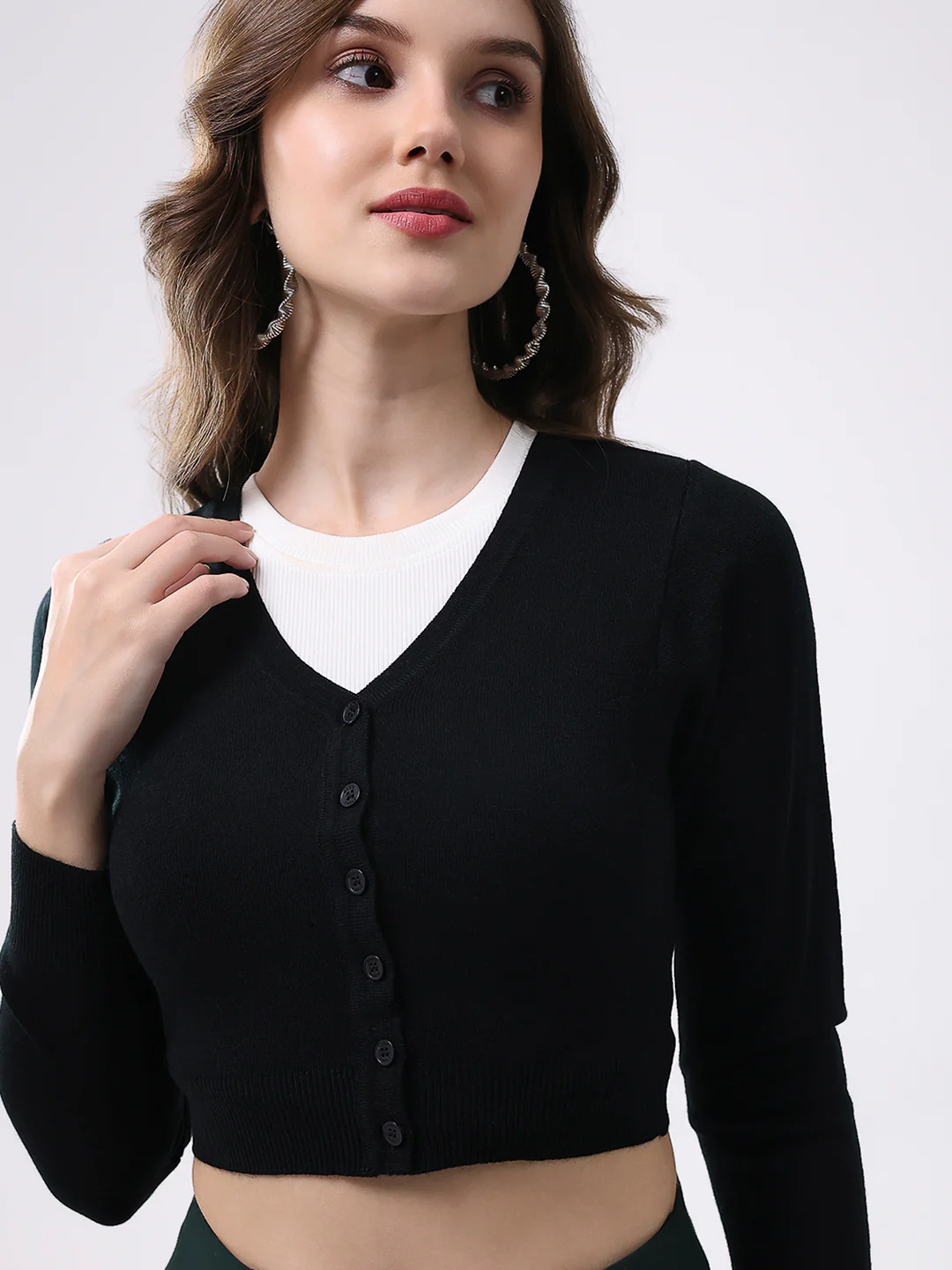 Women Black Solid V Neck Full Sleeve Cardigan - Image 7