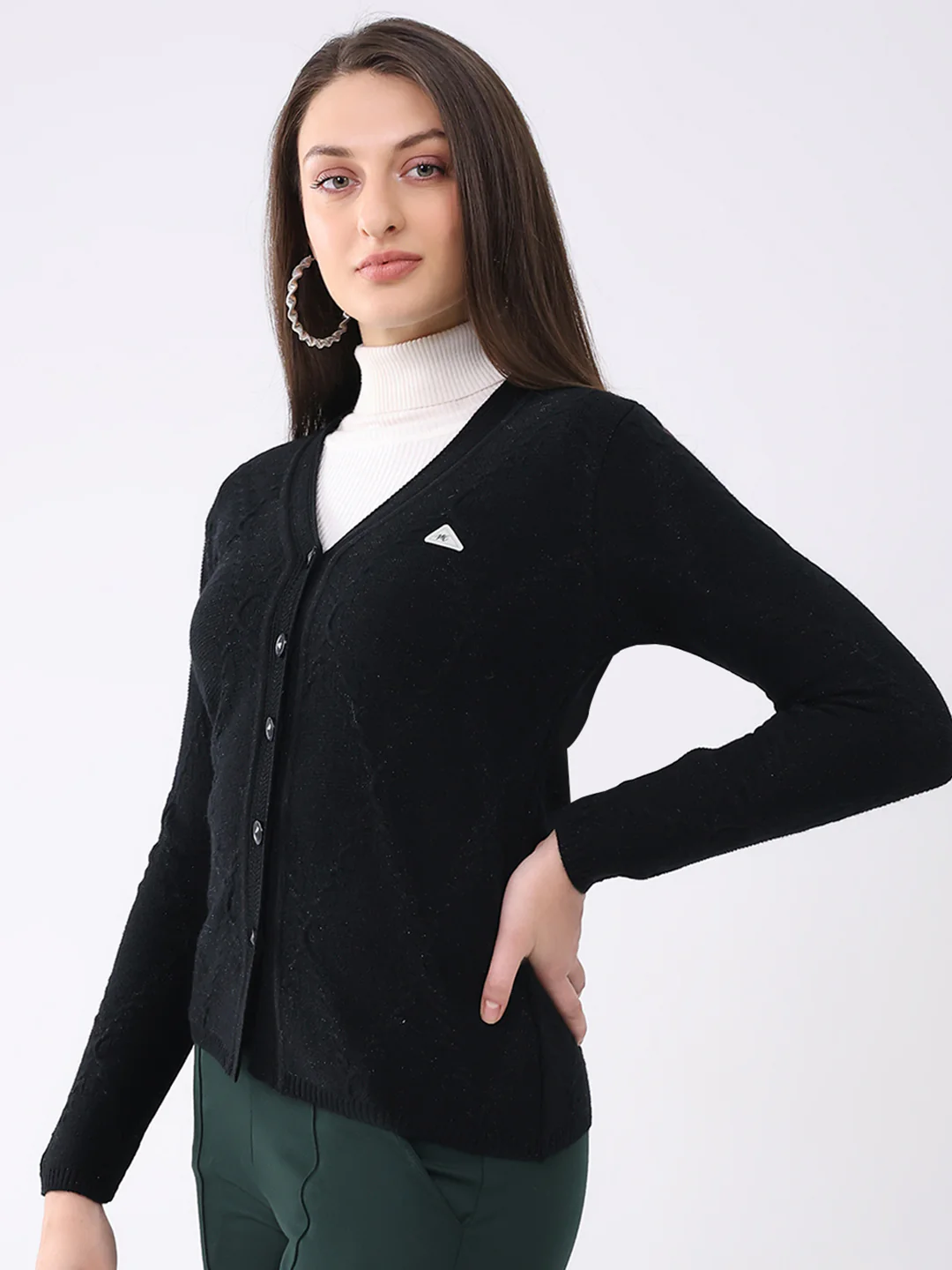Women Black Solid V Neck Full Sleeve Cardigan - Image 3