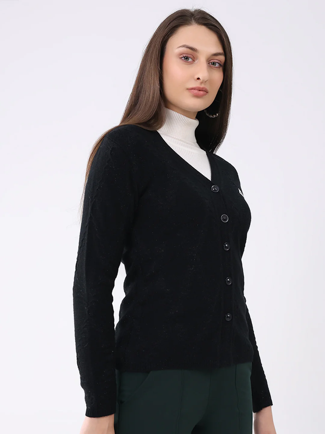 Women Black Solid V Neck Full Sleeve Cardigan - Image 4
