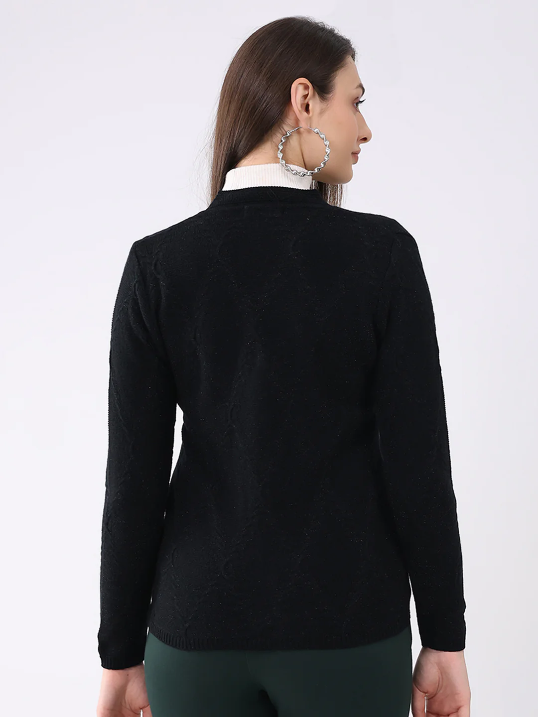 Women Black Solid V Neck Full Sleeve Cardigan - Image 5