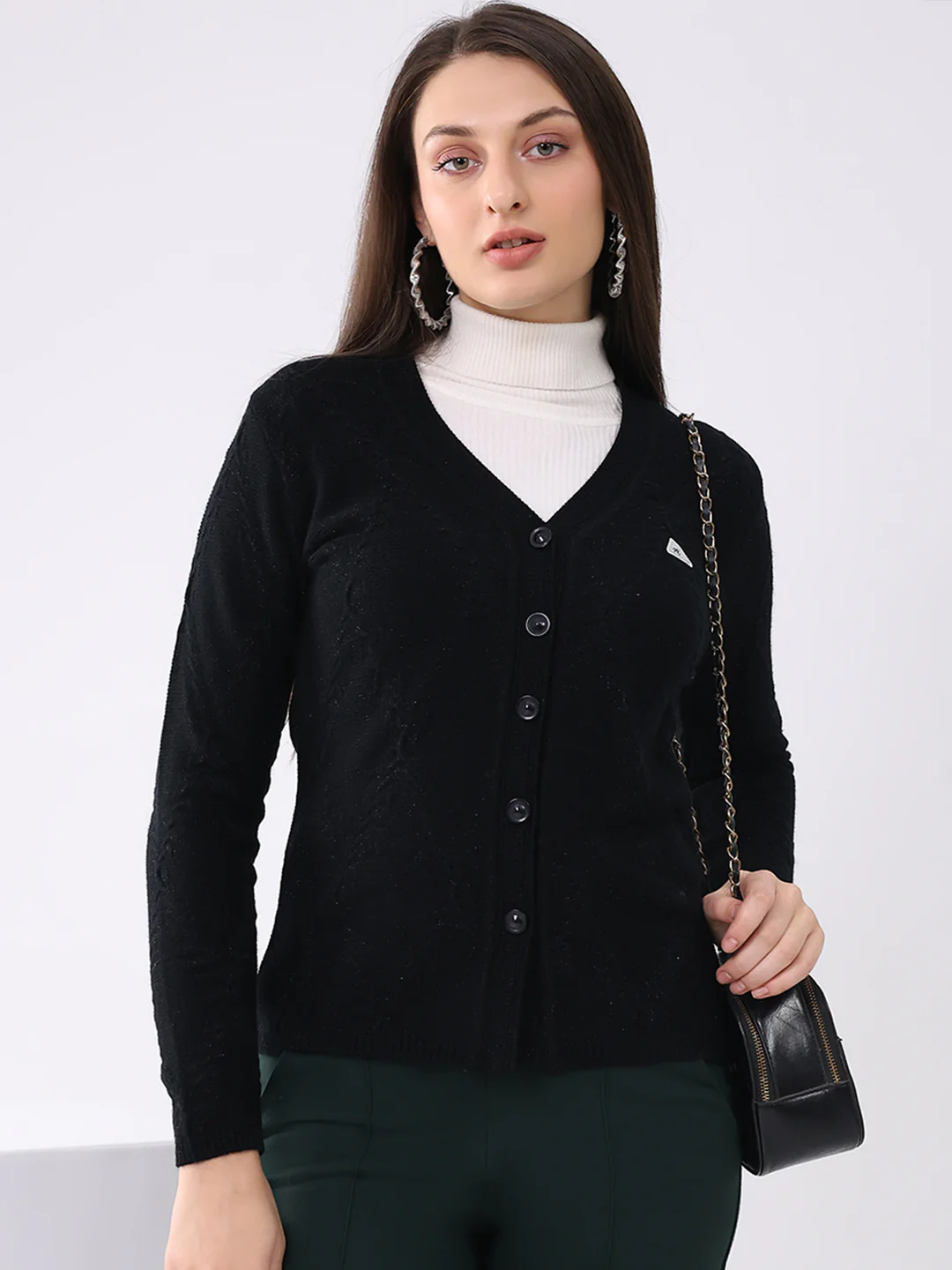 Women Black Solid V Neck Full Sleeve Cardigan - Image 6