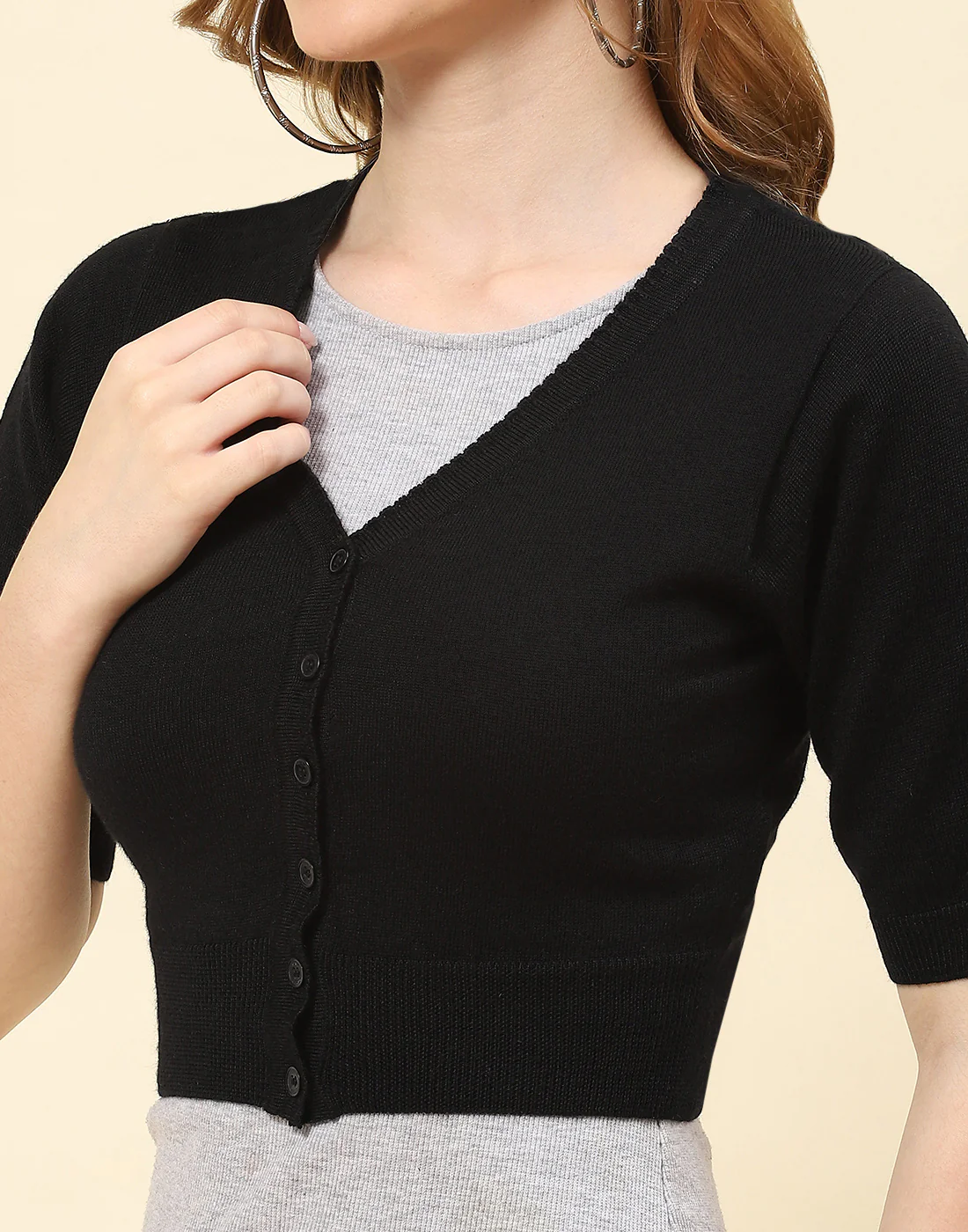 Women Black Solid V Neck Half Sleeve Blouse - Image 6